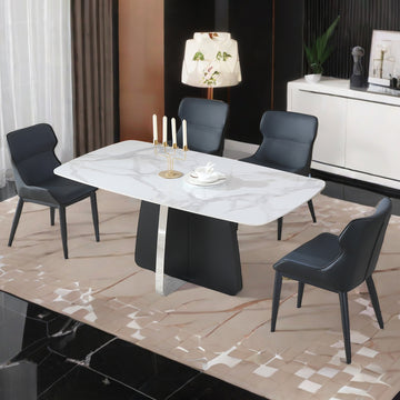 Modern Dining Table For 4, White Dining Table Sintered Stone Dining Table Top With Stainless Steel Base, 63 Inch Modern Luxury White Rectangular Dining Table 4 Chairs Black Dark Walnut Dining Room