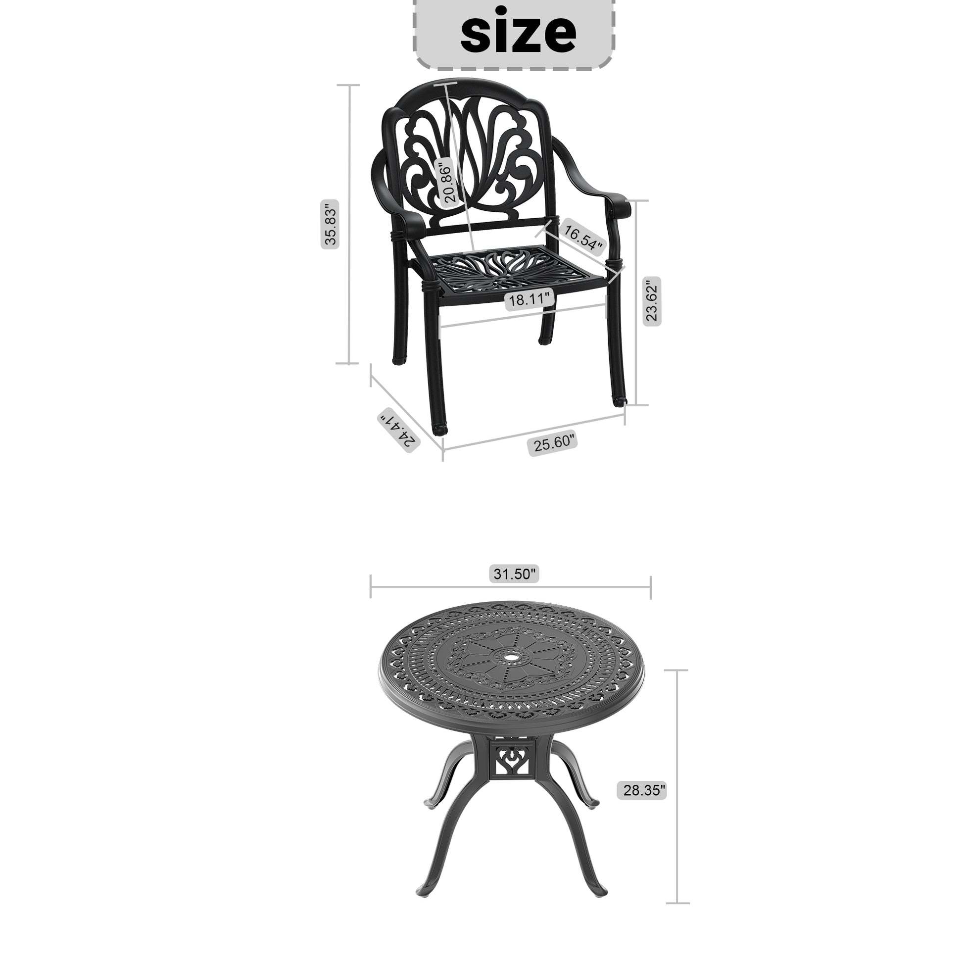 Cushions In Random Colors 3 Piece Set Of Cast Aluminum Patio Furniture With Cushions Yes Dining Set Black Seats 2 Rust Resistant Frame Water Resistant Cushion Garden & Outdoor Complete Patio Sets