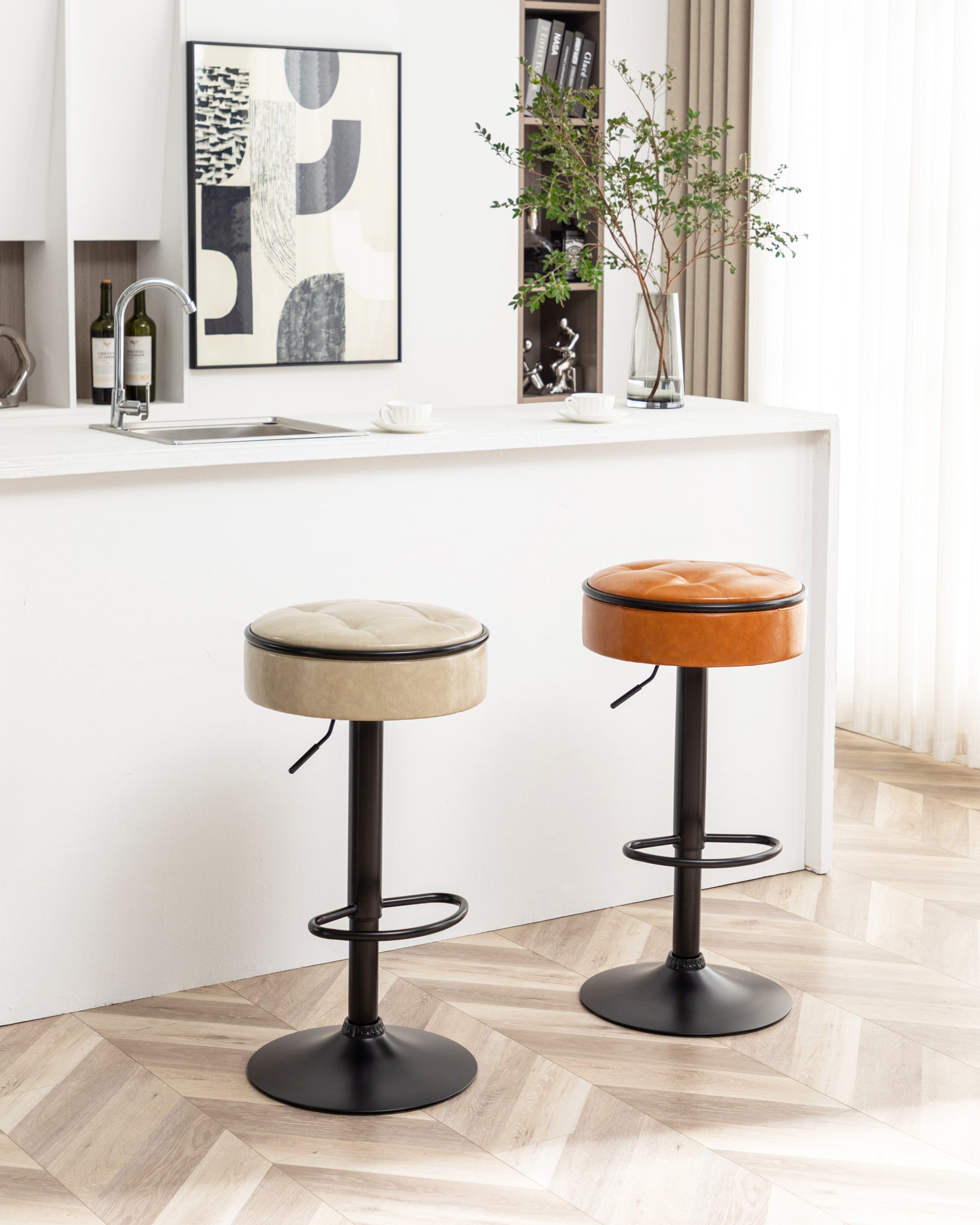 Round Storage Bar Stool Set Of 2, Brown Faux Leather Height Adjustable Barstool, 360 Counter Height Swivel Stool, Armless Bar Chair With Metal Frame For Kitchen Counter Dining Living Room Brown Set Of 2 Foam Pu Leather
