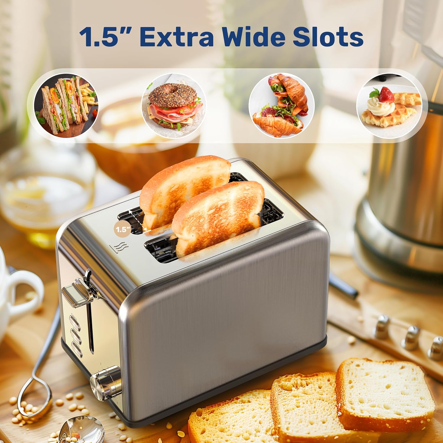 2 Slice Toaster With 6 Browning Setting And 3 Function, Extra Wide Slot & Removable Crumb Tray, Retro Stainless Steel Style, For Bread & Waffle Silver Stainless Steel