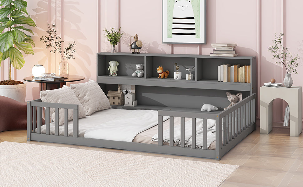 Full Floor Bed With Side Bookcase,Shelves,Guardrails,Grey Full Grey Bedroom American Design Pine