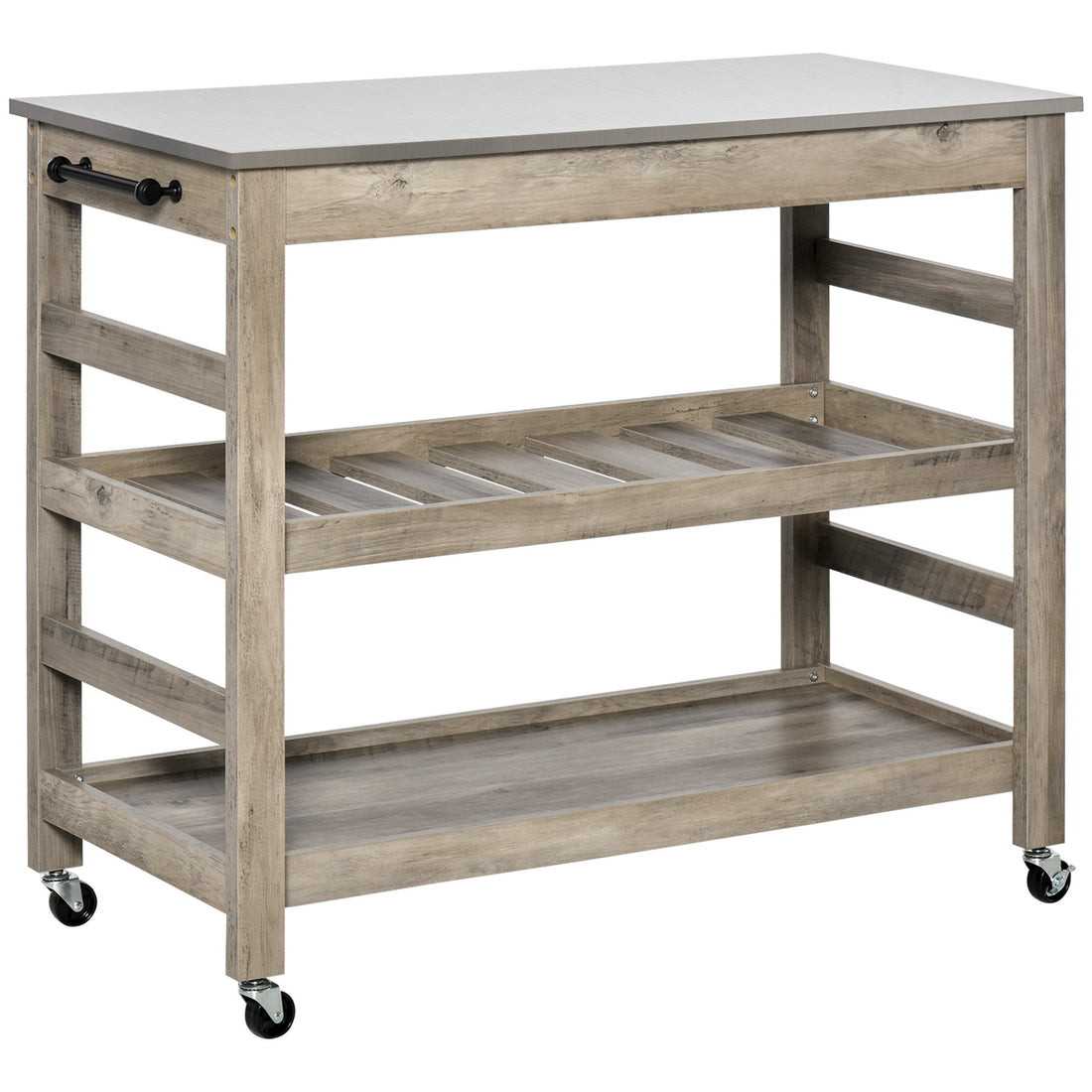 Homcom Rolling Kitchen Cart With Stainless Steel Countertop, 1 Bottom Shelf, 1 Slotted Middle Shelf And 4 Castor Wheels, Grey Grey Mdf