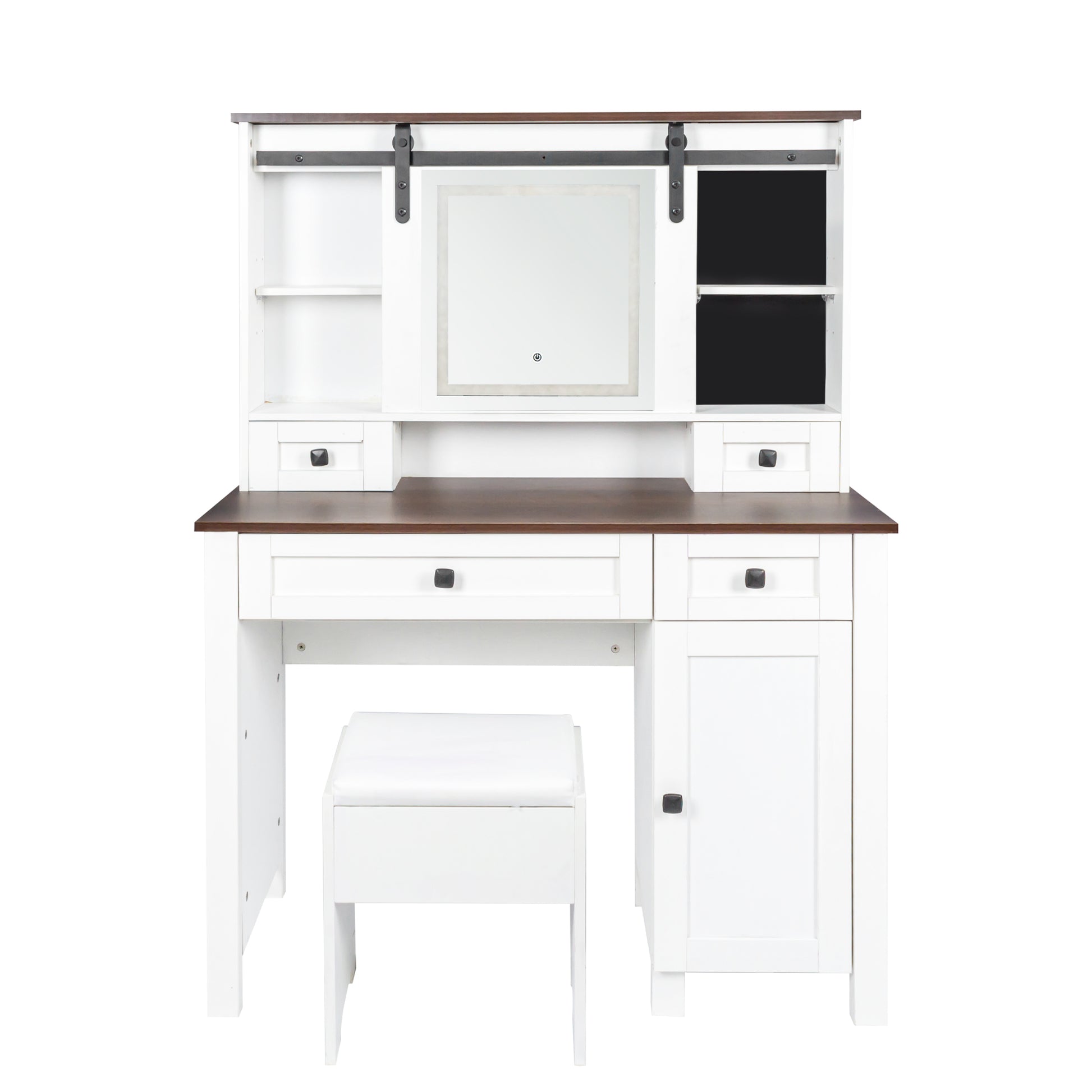 Farmhouse Makeup Vanity With Mirror And Lights,41.73" Wide Vanity Desk ,Vanity Table With 4 Drawers And 1 Cabinet,3 Color Modes, Dressing Table For Bedroom White Walnut Particle Board Mdf