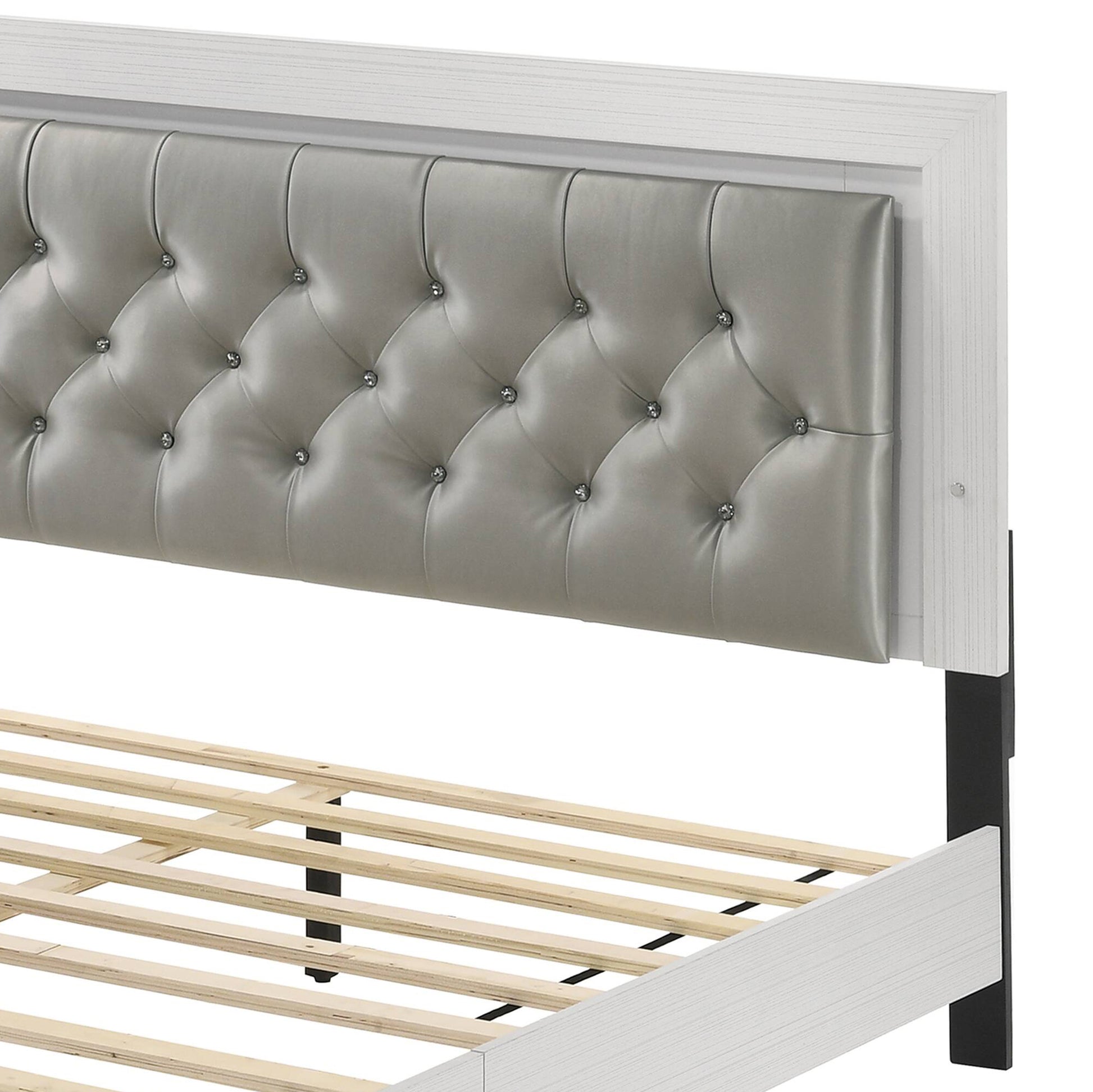 Grey And White Queen Bed With Led Light Padded Headboard Box Spring Not Required Queen Grey White Wood Bedroom Slat Beds Wood Fabric