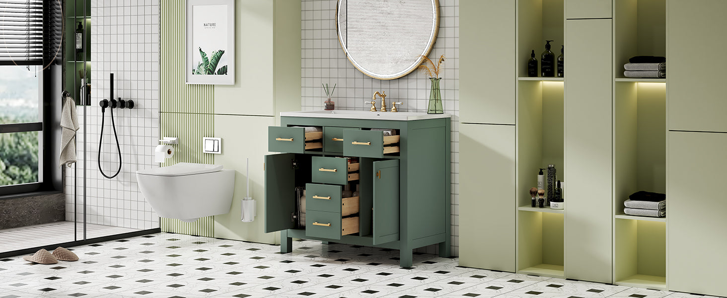 36'' Bathroon Vanity With Resin Sink Combo Set,Modern Freestanding Single Bathroom Cabinet With 4 Drawers & 2 Cabinets,Storage Cabinet For Bathroom, Solid Wood Frame Vanity Set, Green 4 Green 2 2 Adjustable Hinges Bathroom Freestanding Solid Wood Mdf