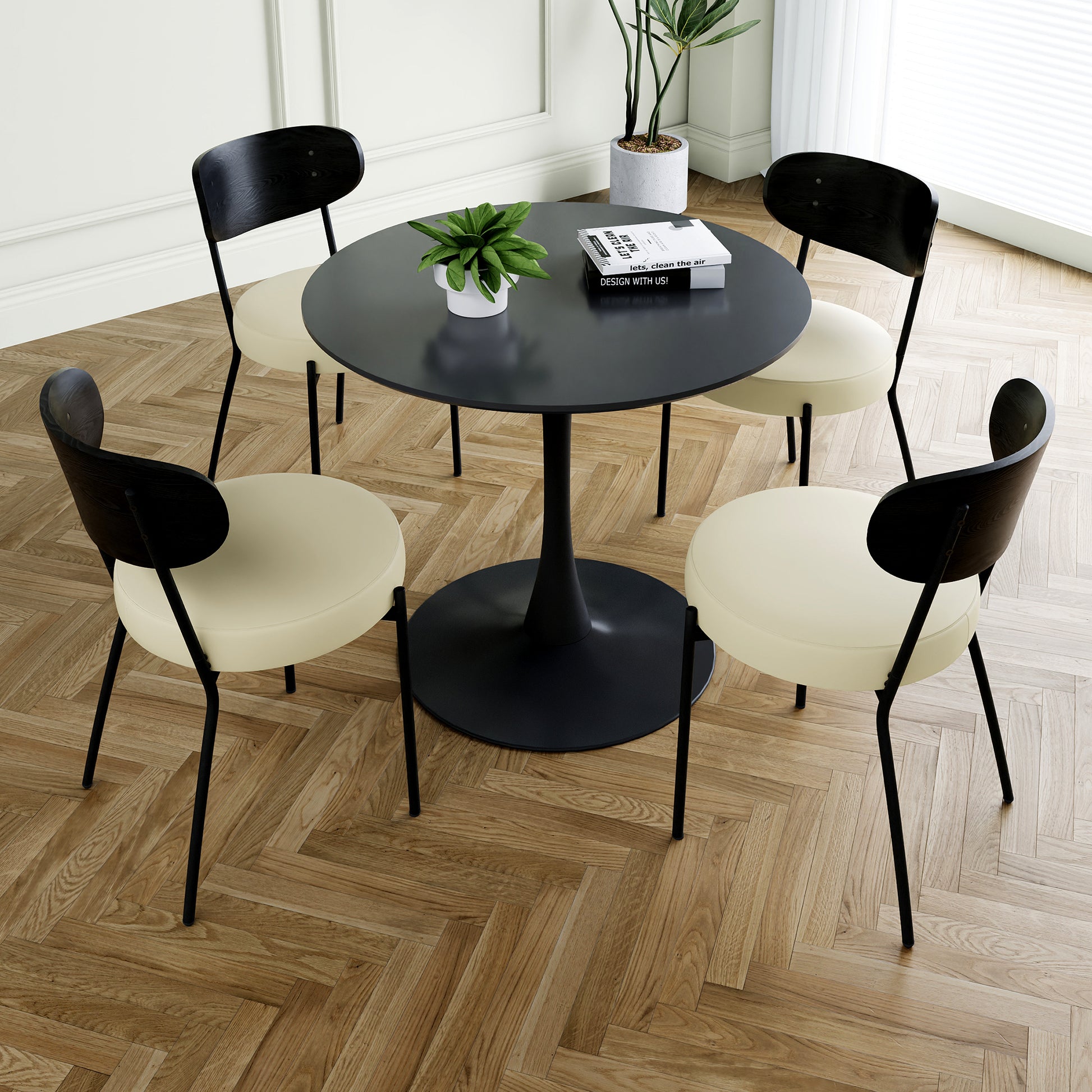 Modern Grey Simple Pu Dining Chair Upholstered Chair Family Bedroom Stool Back Dressing, Black Round Table Set, Bentwood Covered With Ash Veneer Chair Back, Chair Black Metal Legs Set Of 5 Black Mdf