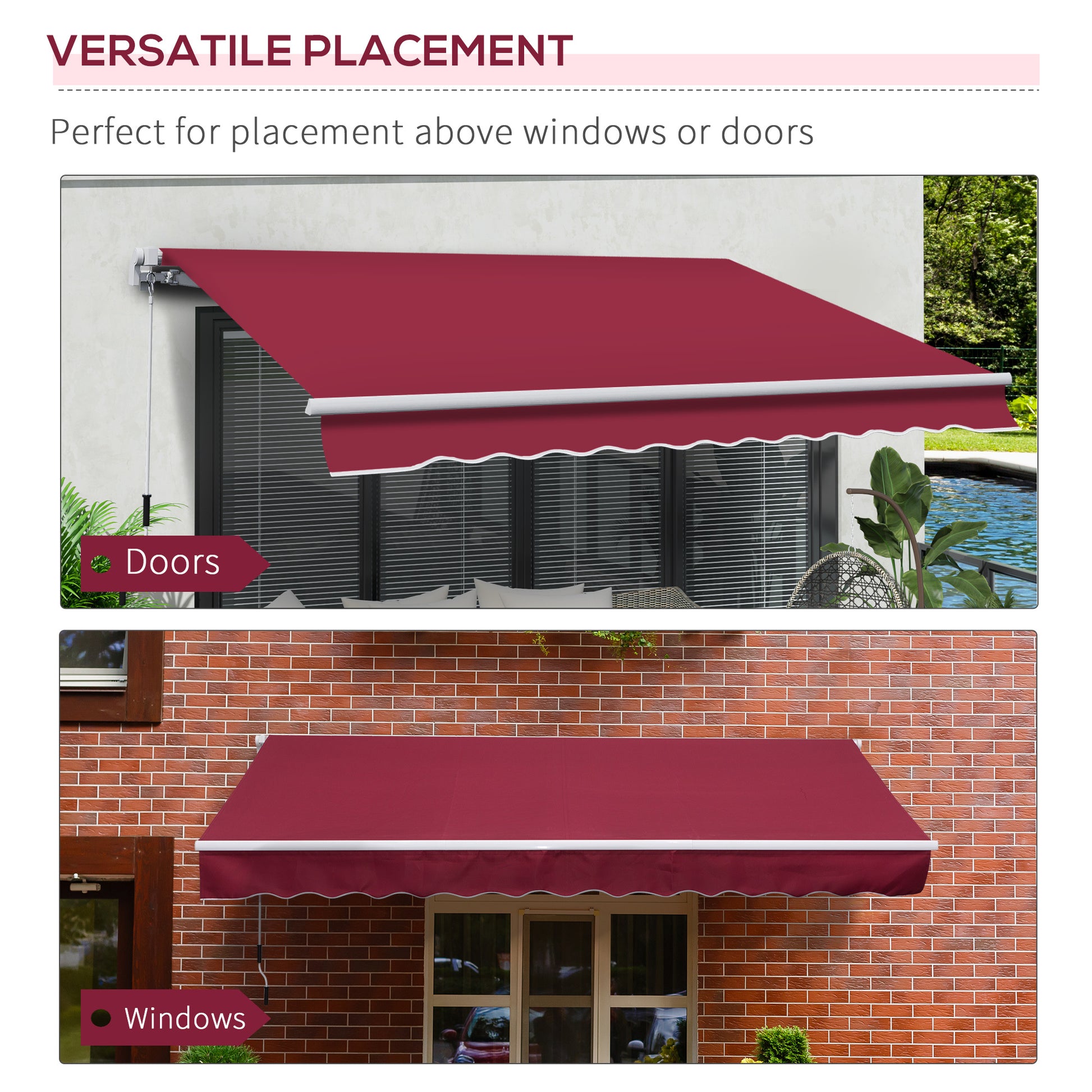 Outsunny 12' X 8' Retractable Awning, Patio Awning Sun Shade Shelter With Manual Crank Handle, 280G M Uv And Water Resistant Fabric, Aluminum Frame For Deck, Balcony, Yard, Red Red Aluminum