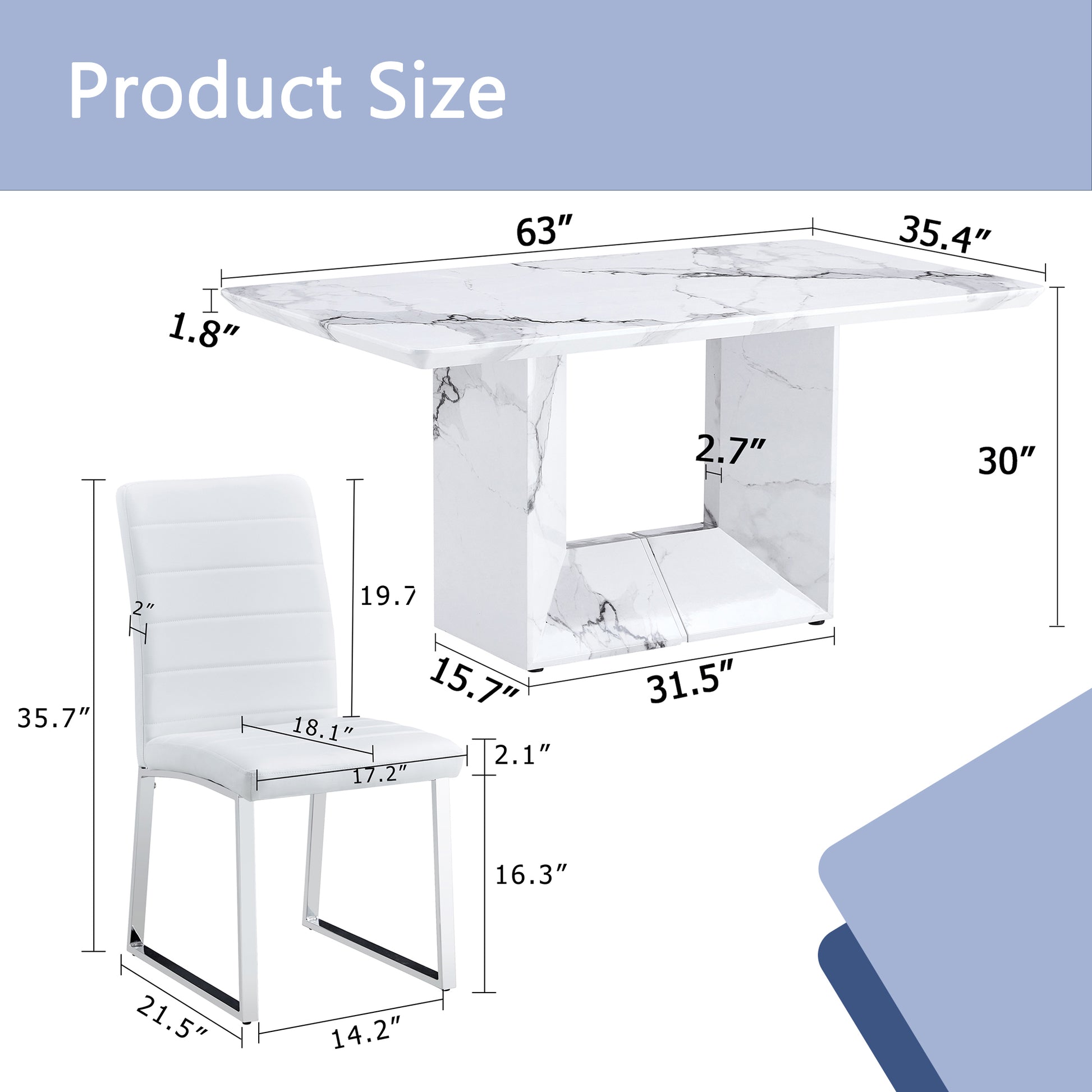 Table And Chair Set.63"X35.4" White Marble Patterned Mdf Dining Table Set With 6 Armless White Pu Chairs.The Backrest Of The Dining Chair Is Designed With Multiple Horizontal Stripes. White Seats 6