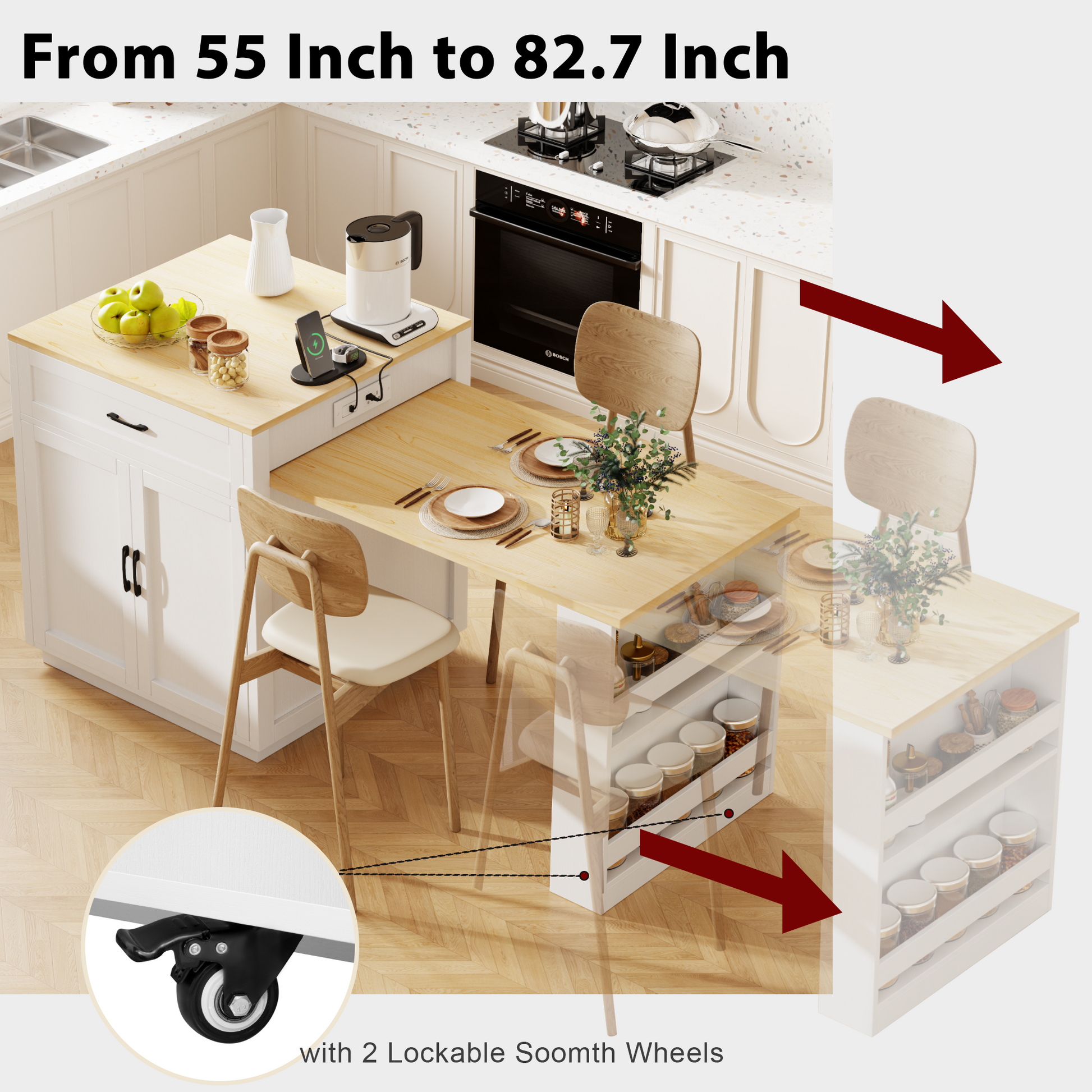 K&K 82.7 Inch Kitchen Island With Extendable Dining Table For 4 6 Person,Two Tone Kitchen Table With Double Sized Storage, Power Outlet, Kitchen Island With Storage 2 Drawers 2 Side Open