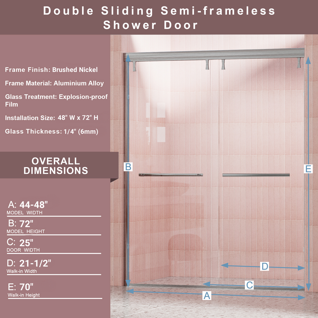 44 48 In. W X 72 In. H Semi Frameless Shower Door, Double Sliding Shower Door, 1 4" 6Mm Clear Tempered Glass Shower Door With Explosion Proof Film, Brushed Nickel 24D212S 48Bn Brushed Nickel