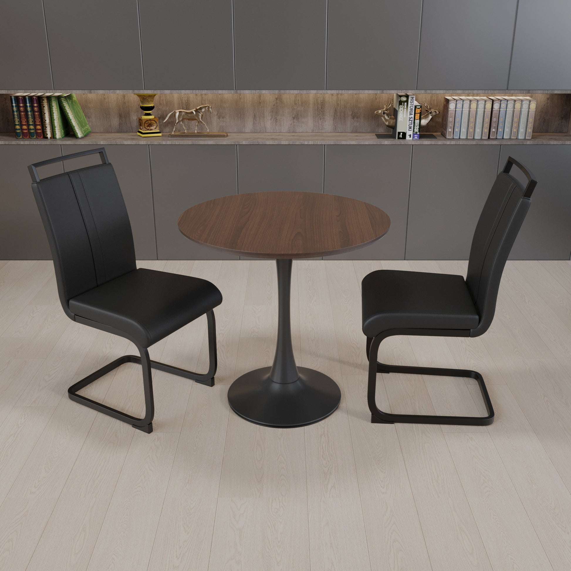 Walnut Circular Dining Table, 31.5 "Tulip Dining Table, Kitchen Dining Table For 2 4 People, Mdf Tabletop And Base, And 2 Black Pu Black Metal Leg Dining Chairs Set 2 Walnut Mdf
