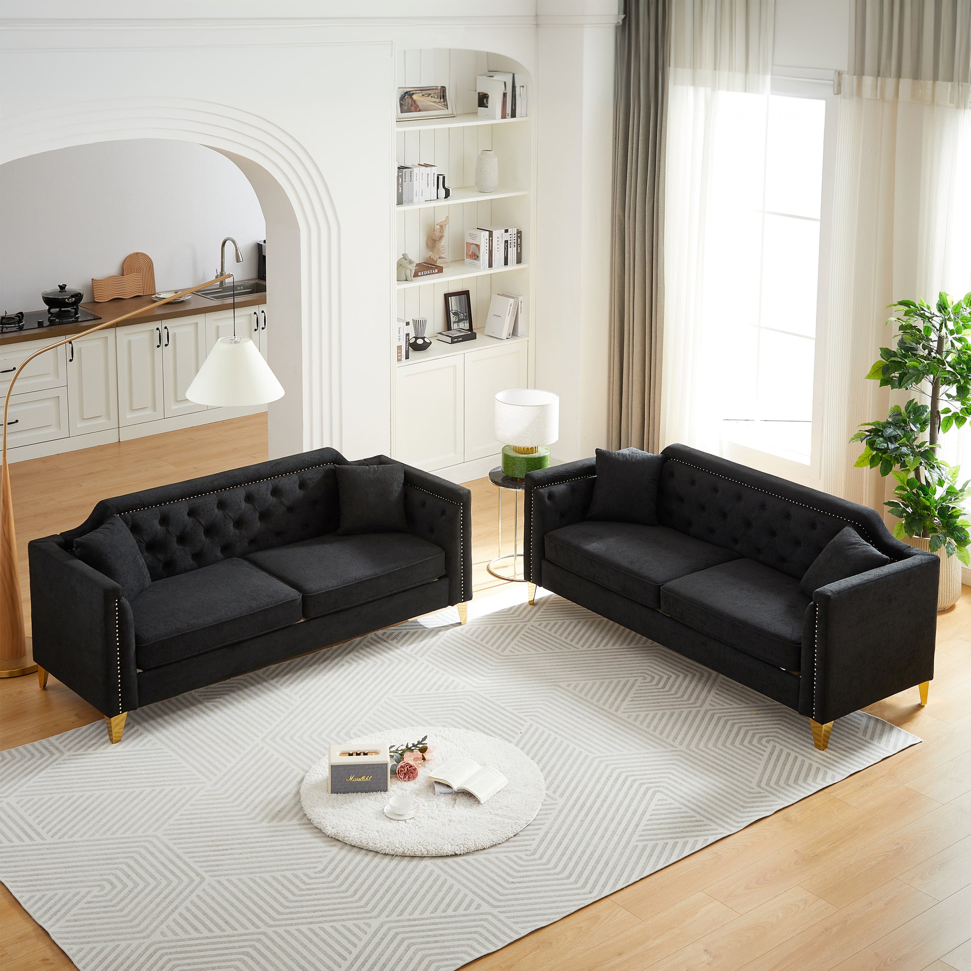 Fx 3 Seater 3 Seater Combo Sofa Mid Century Modern Living Room Sofa With Solid Wood Frame And Solid Metal Legs, 4 Cushions, Apartment Sofa Furniture Black Chenille Wood Pine Foam Fabric 6 Seat