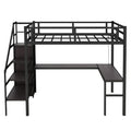 Full Size Loft Bed With L Shaped Desk And Usb, Metal Loft Bed With Wardrobe And Adjustable Shelf, High Loft Bed With Led For Kids Teens Adults, Black Black Metal