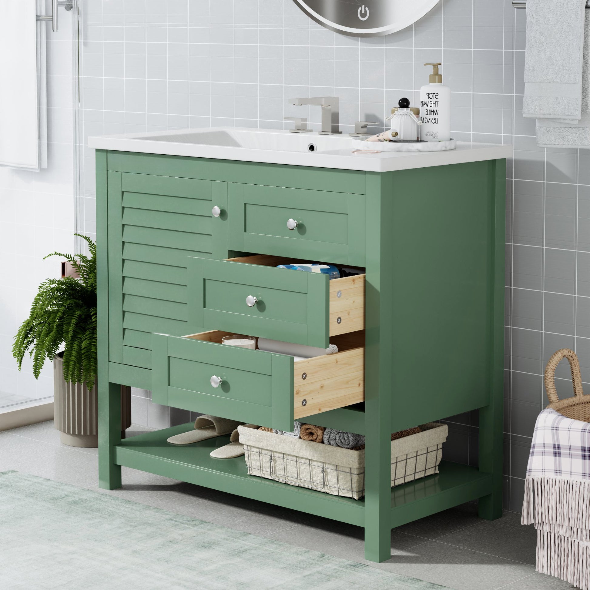 36'' Bathroom Vanity With Undermount Sink, Free Standing Vanity Set With 2 Drawers& Soft Closing Doors, Bathroom Storage Cabinet With Solid Wood Feet, Green 2 Green 1 1 Adjustable Hinges Bathroom Freestanding Modern Solid Wood Mdf Resin Painted