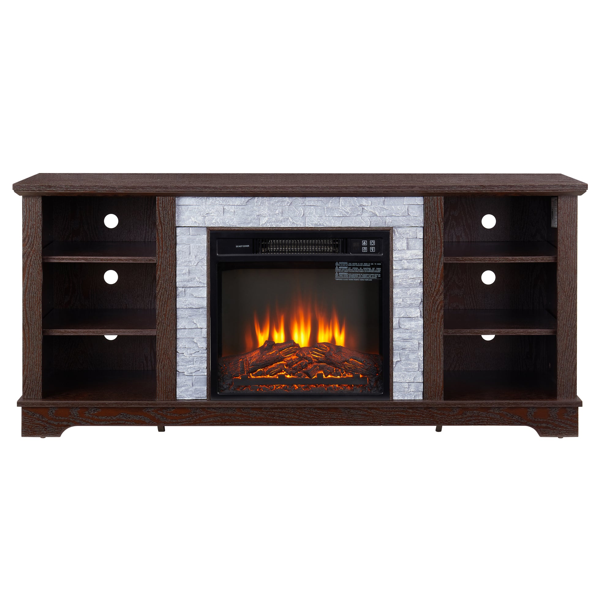 Faux Stacked Stone Tv Media Stand With Open Storage Modern Entertainment Console Space With 18" Fireplace Insert, Cherry, 58.31"W*15.39"D*26.06"H Cherry 60 69 Inches Mdf