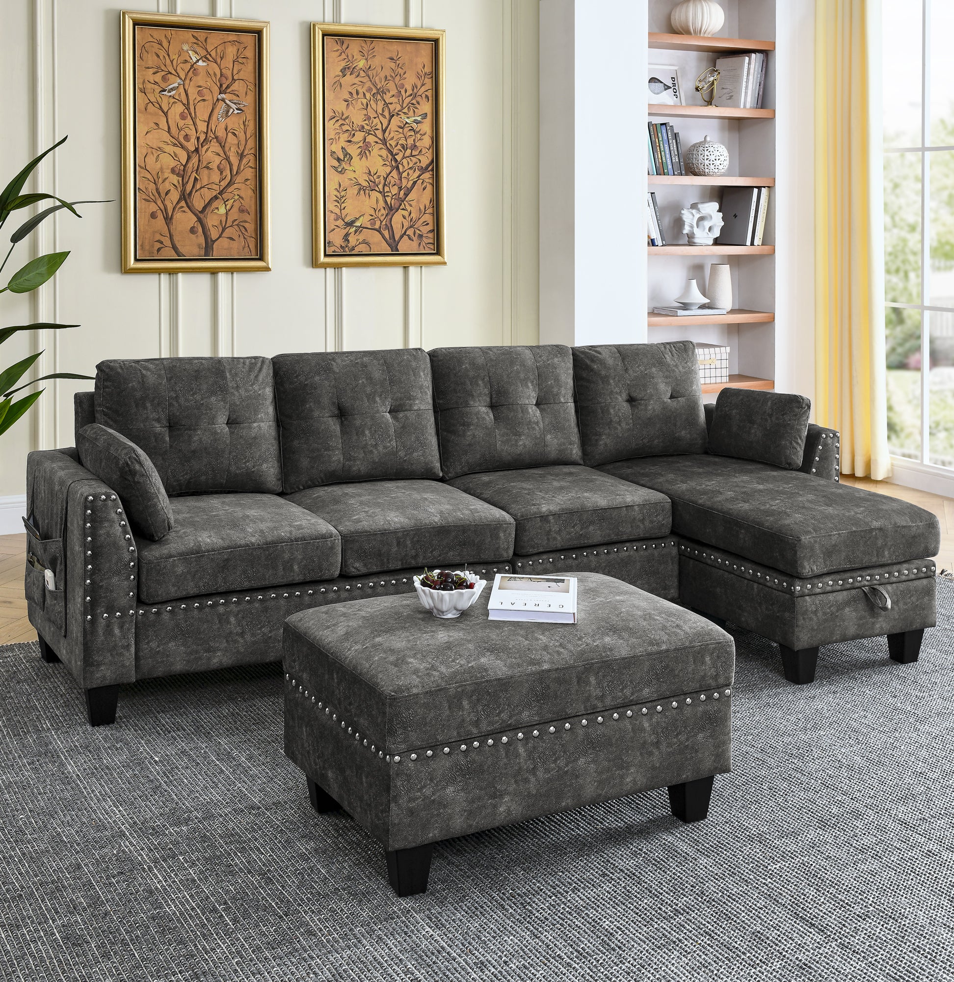 Sectional 3 Seaters Sofa ,Double Sided Multi Functional Footstool, Storage Matnon Slip Leg, Two Pillows, Velvet, Dark Grey Dark Grey Velvet 3 Seat