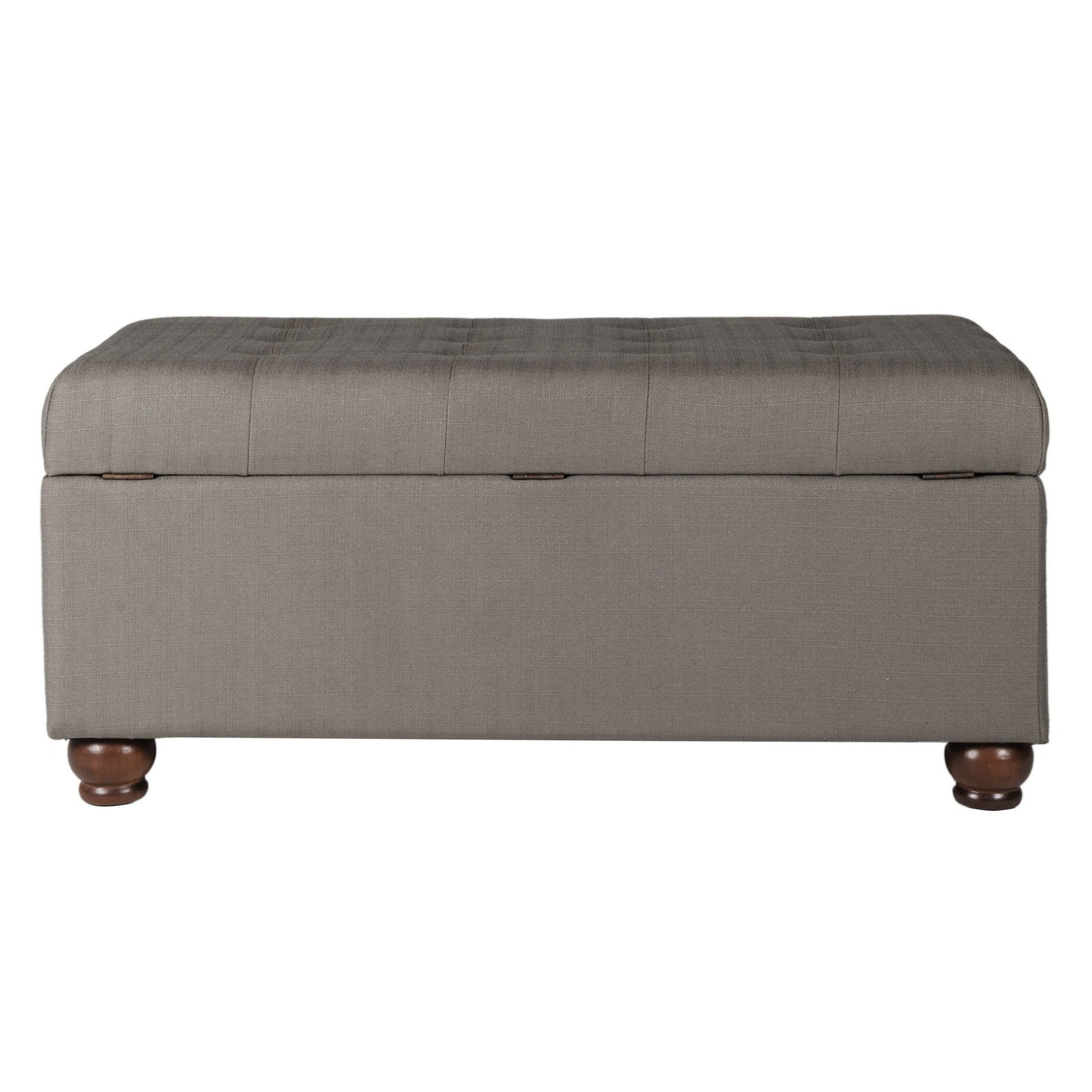 Textured Fabric Upholstered Button Tufted Storage Bench With Wooden Bun Feet, Gray And Brown Grey Brown Wood Fabric