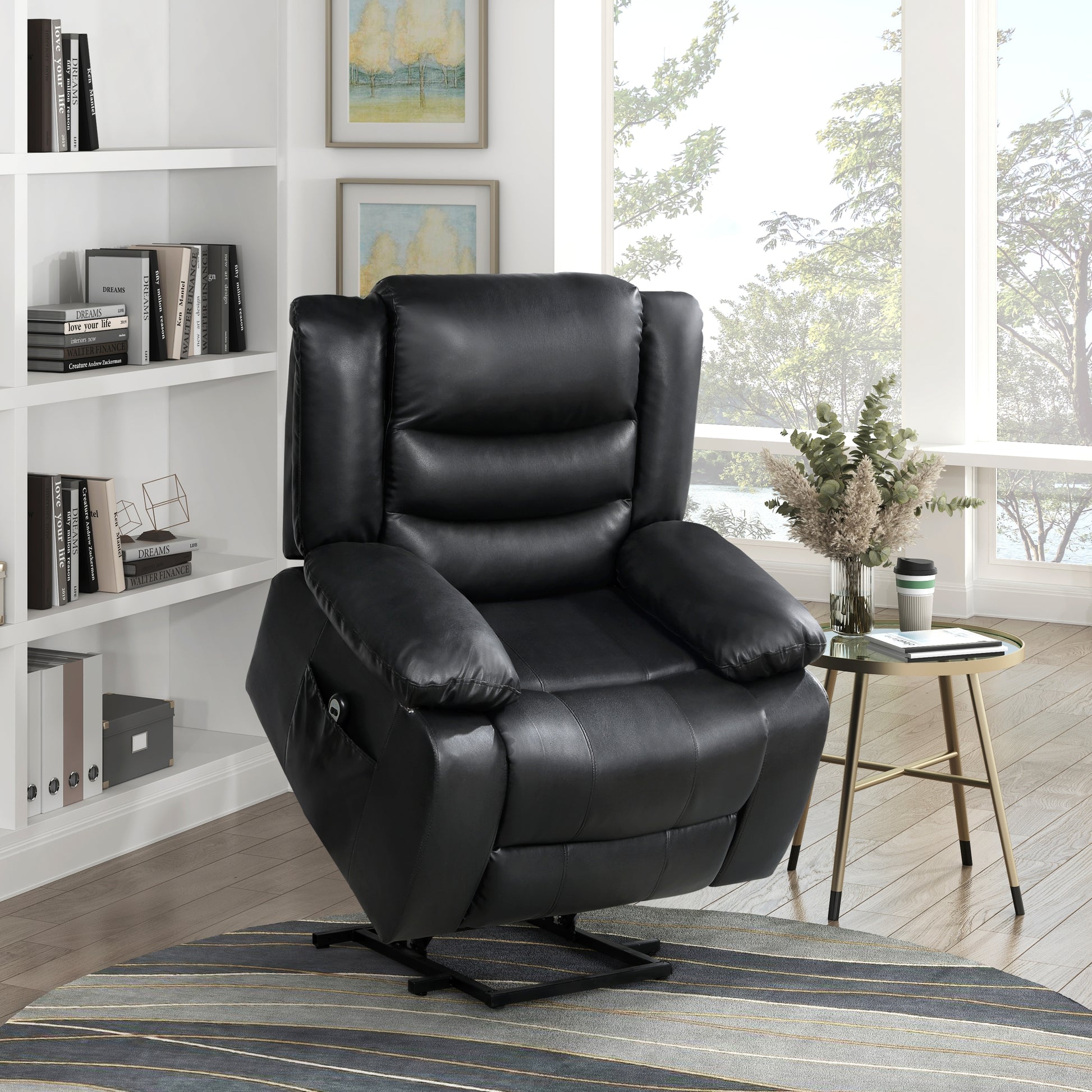 Modern Living Room Furniture 1Pc Power Lift Chair Faux Leather Upholstery Black Power Recliner Chair Black Faux Leather Primary Living Space Faux Leather