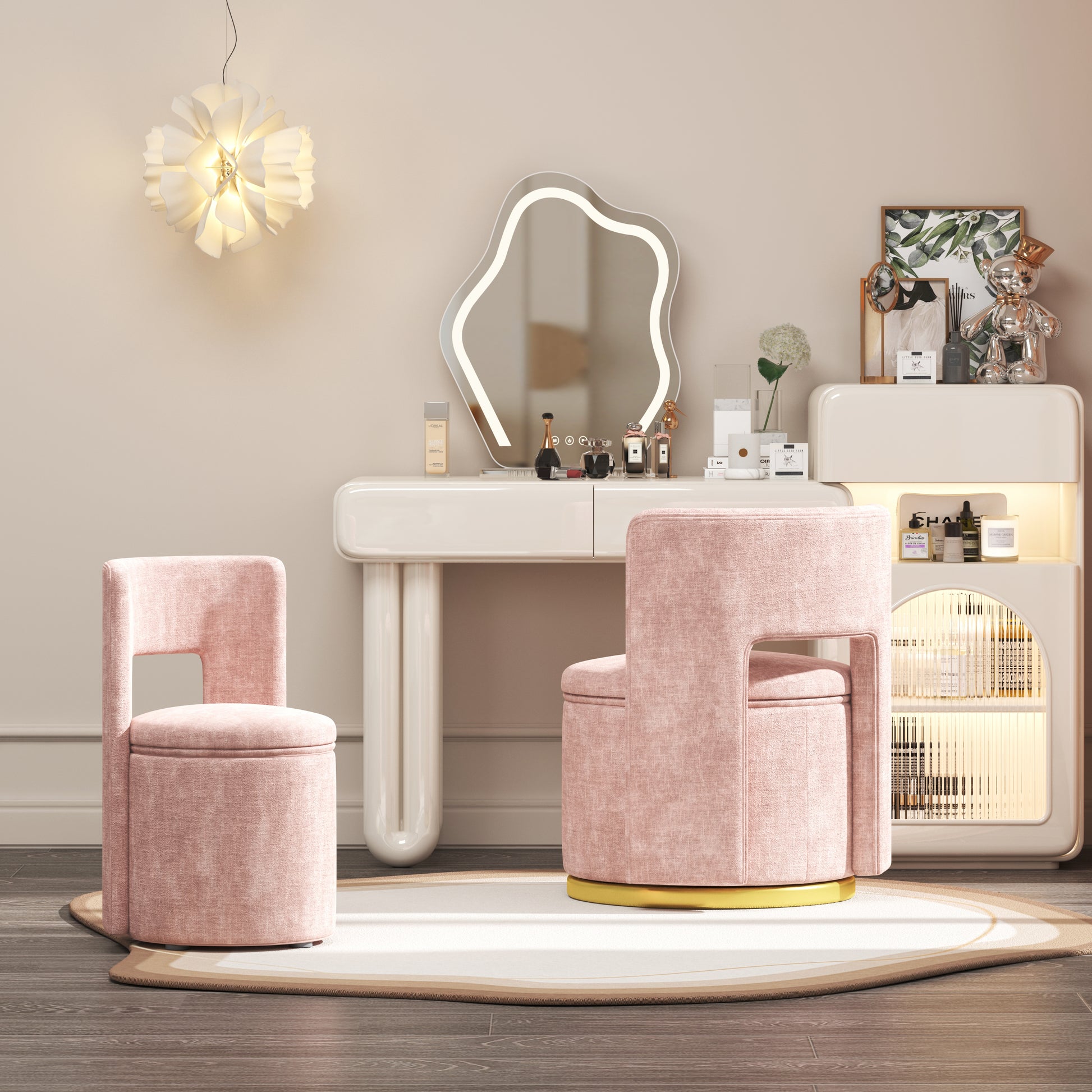 360 Round Swivel Chair With Storage Under Seat, Comfy Chair For Living Room Bedroom Reading Room Pink Pink Primary Living Space Modern Eucalyptus Foam Chenille