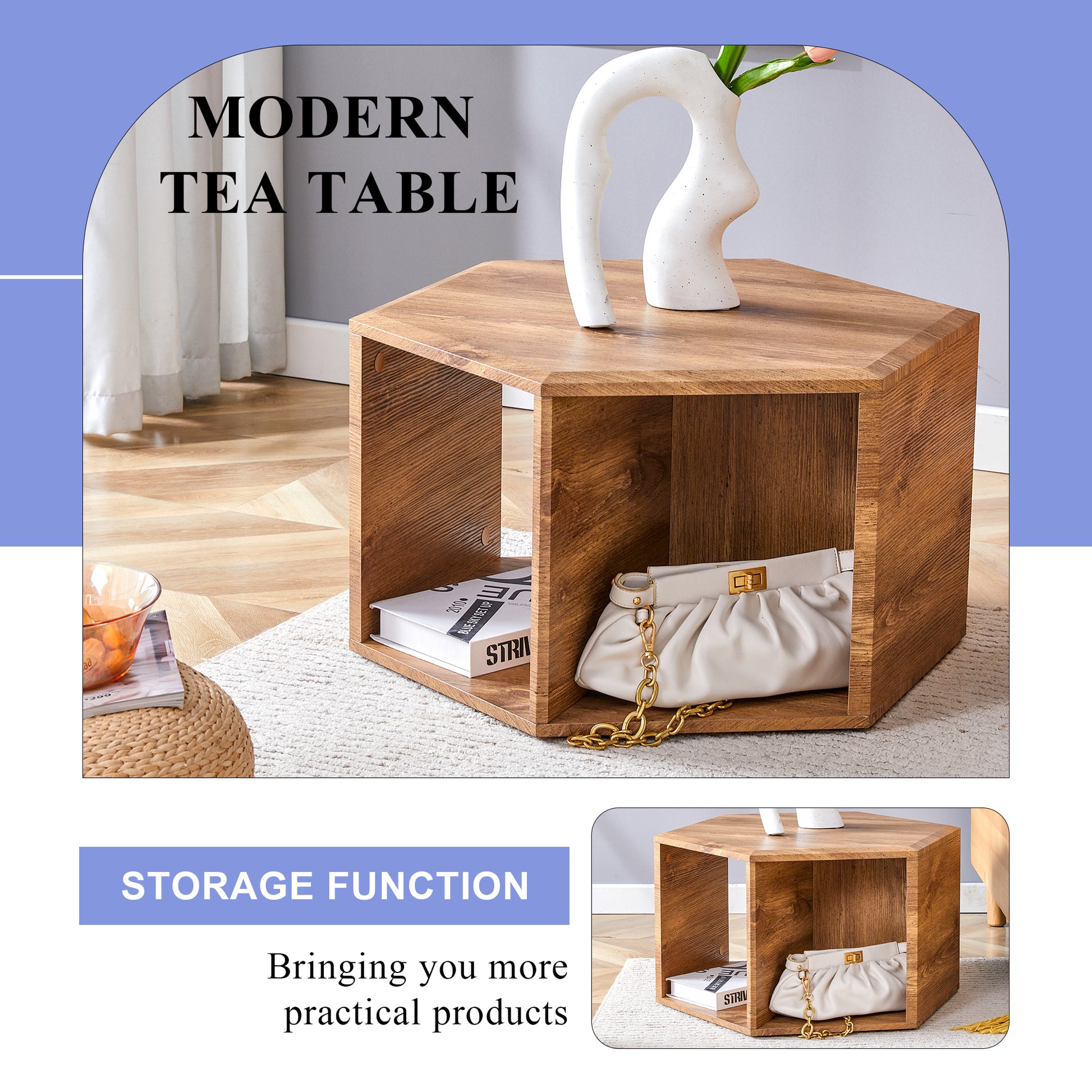 Hexagonal Mdf Coffee Table, Characteristic Pattern Stickers, Multi Hole Design To Give More Storage Space, Simple And Convenient Design Makes It Suitable For All Kinds Of Style Scenes. Wood Mdf