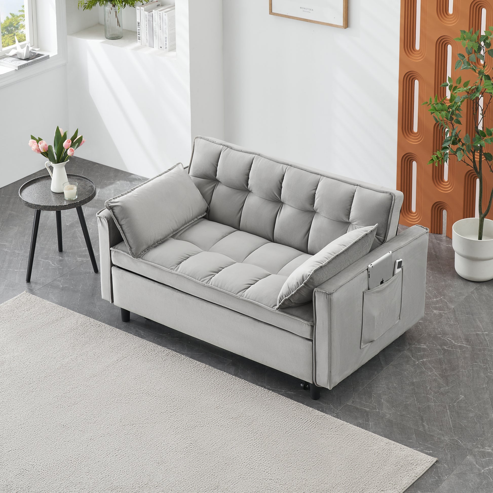 Modern Velvet Loveseat Futon Sofa Couch Pullout Bed, Small Beautiful Seat Lounge Sofa W Reclining Backrest, Toss Pillows, Pockets, Furniture For Living Room,3 In 1 Convertible Sleeper Sofa Bed, Gra Gray Velvet 2 Seat
