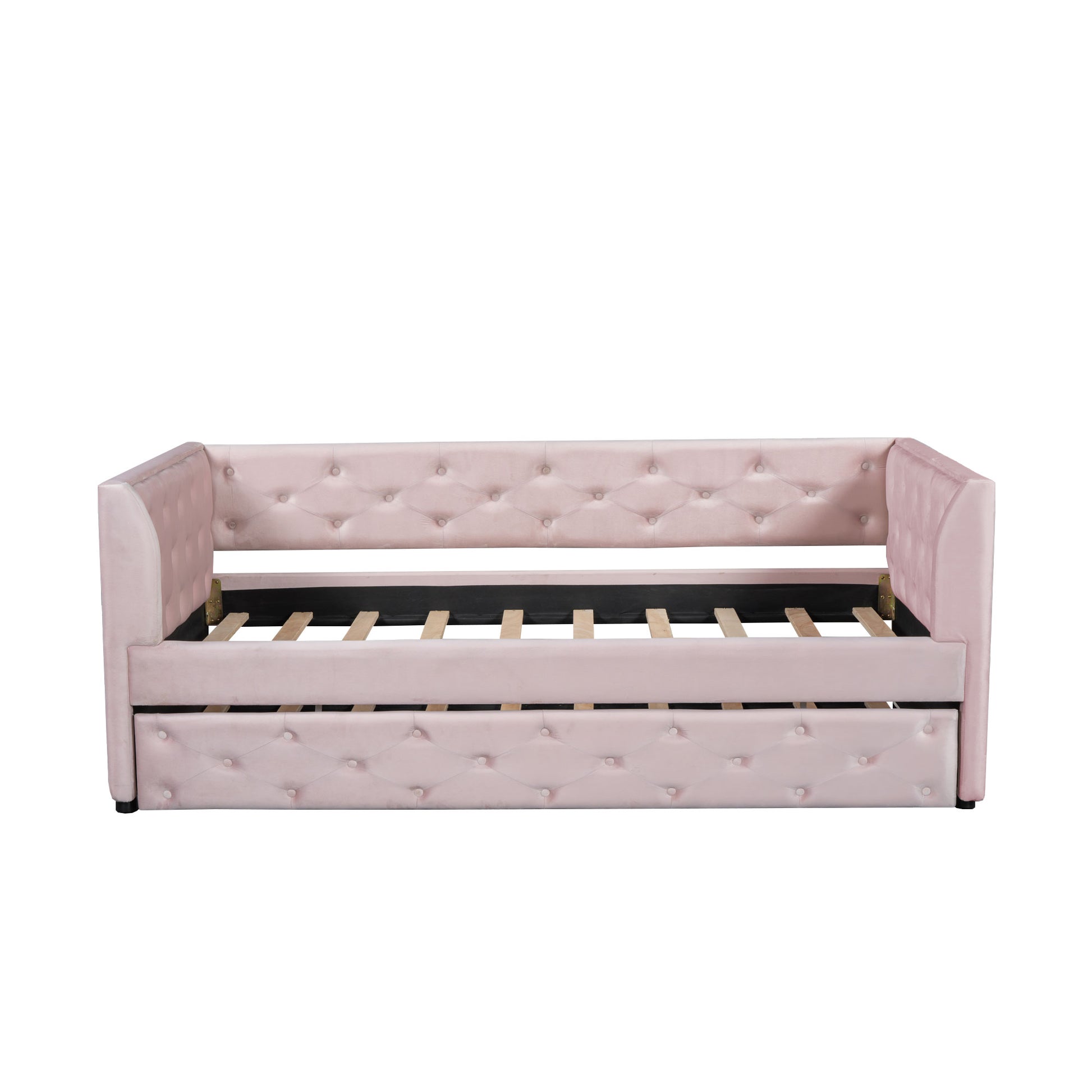 Twin Size Upholstered Velvet Tufted Daybed With Trundle, Pink Box Spring Not Required Twin Pink Wood Daybeds Velvet Solid Wood Mdf,Velvet