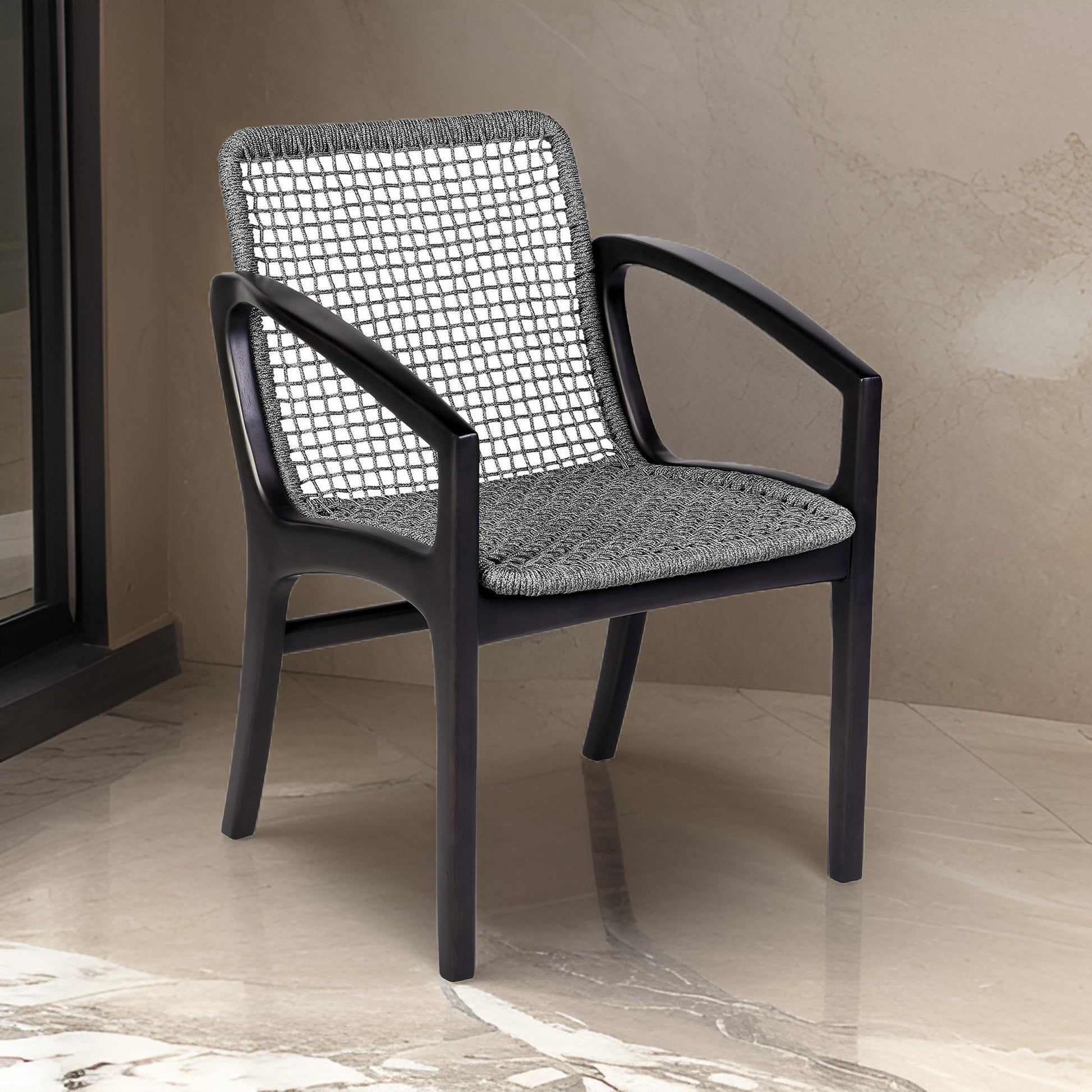 Tye 25 Inch Patio Dining Chair, Dark Eucalyptus Wood, Gray Rope Seating Gray Wood