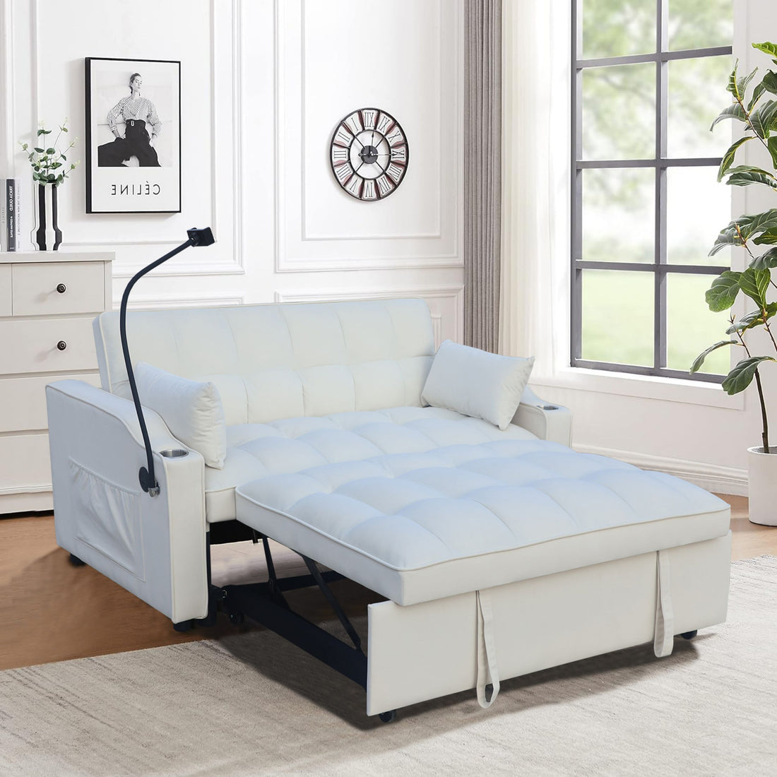 Modern Velvet Loveseat Futon Sofa Couch W Pullout Bed,Small Beautiful Seat Lounge Sofa With Adjustable Reclining Backrest,Toss Pillows, Pockets,Furniture For Living Room,3 In 1 Convertible Sleeper Sofa Bed Full Beige Velvet