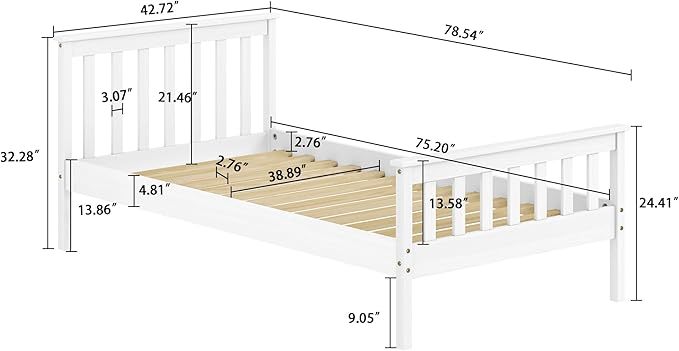 Twin Bed Frames With Headboard, Solid Wooden Platform Bed With Corner, Modern Low Profile Bed Frame, No Box Spring Needed, White Twin White Wood