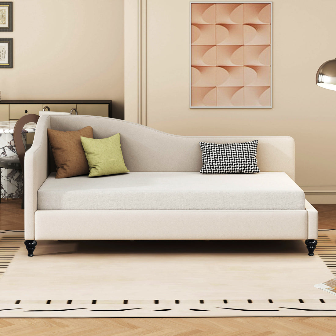 Twin Size L Shaped Linen Daybed, With Solid Wood Legs, Beige Old Sku: Sf000145Aaa Twin Beige Linen Mdf