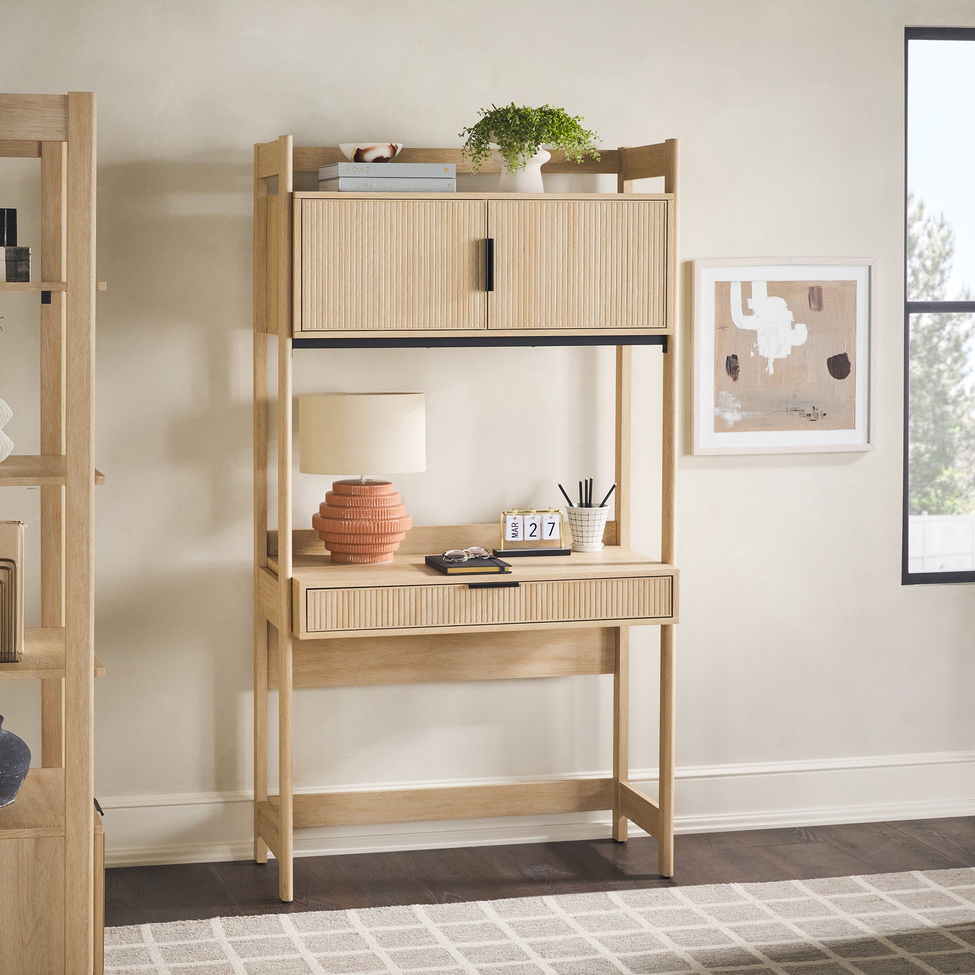 Transitional Reeded Desk With Hutch And Drawers Plus Tech Management Oak Oak Mdf Mdf