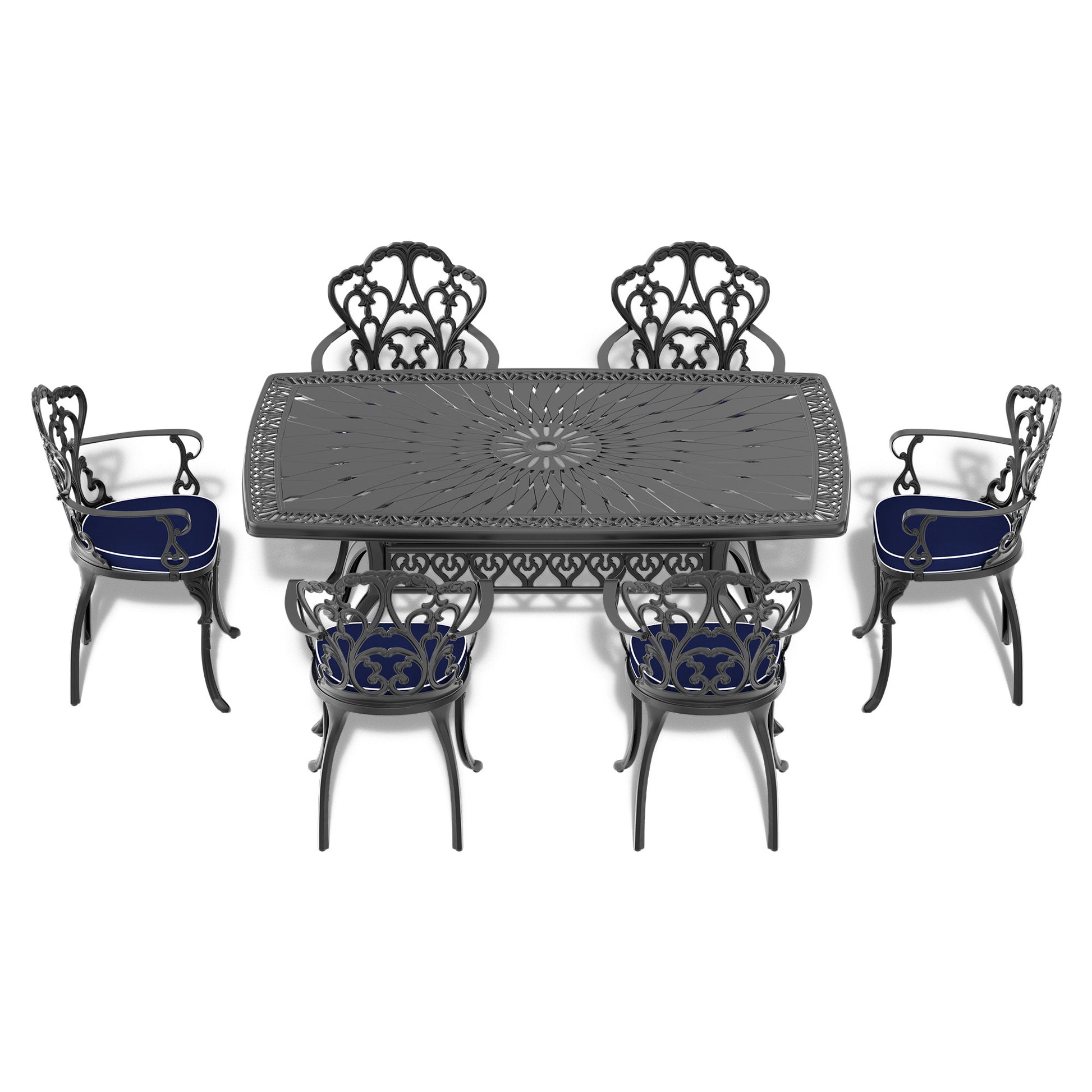 Cushions In Random Colors 7 Piece Set Of Cast Aluminum Patio Furniture With Cushions Yes Dining Set Black Seats 6 Rust Resistant Frame Water Resistant Cushion Garden & Outdoor Complete Patio Sets Aluminium