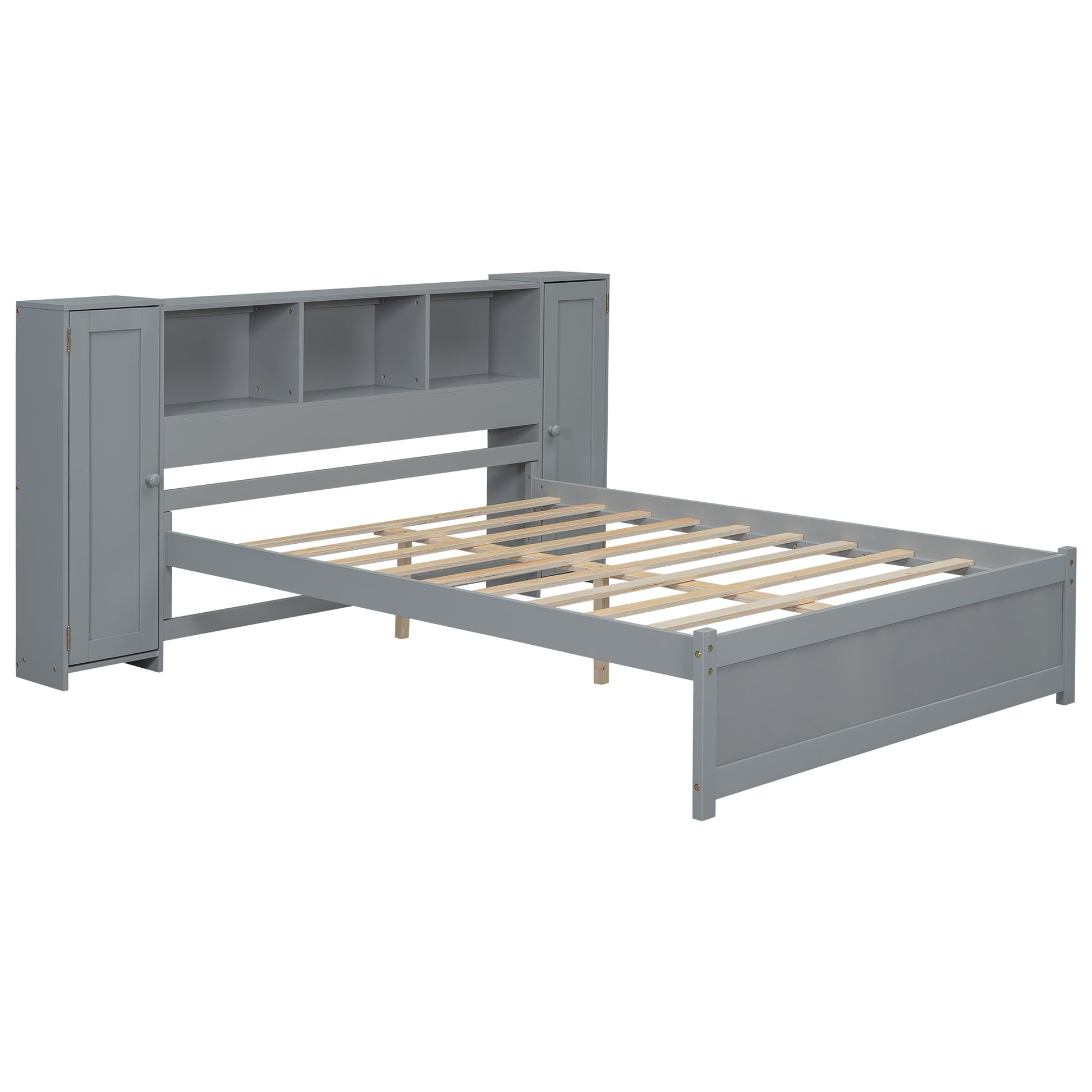 Full Size Platform Bed With Storage Headboard And Lockers, Gray Full Box Spring Not Required Gray Wood Bedroom Solid Wood Mdf