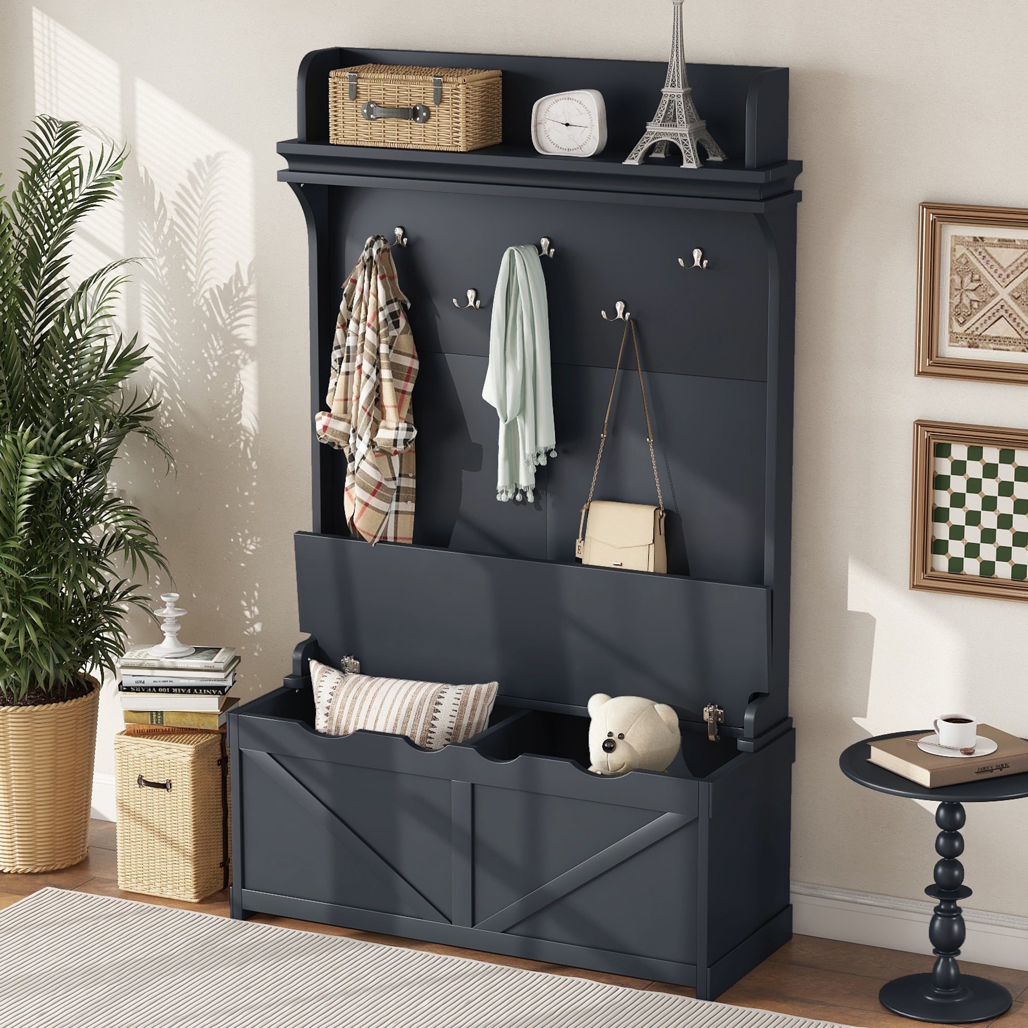 Hall Tree With Storage Bench, Entryway Bench With Drawer And 5 Hooks, Coat Rack With Display Shelf For Hallway Entryways, Dark Blue Dark Blue Particle Board Mdf