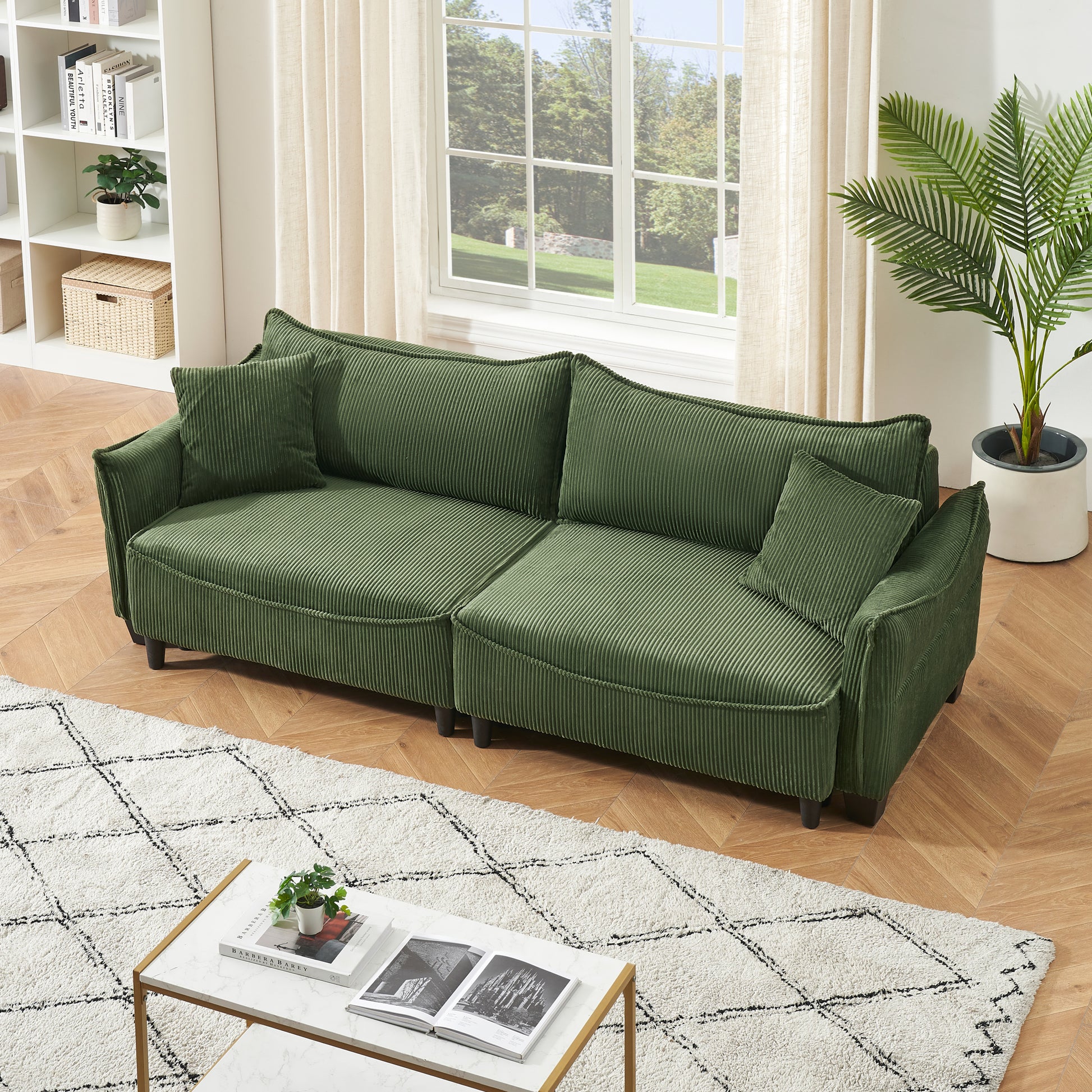 2345 Green Corduroy Fabric, Sofa Can Be Converted Into A Sofa Bed With Two Throw Pillows, Suitable For Living Room And Other Scenes Green Corduroy 3 Seat