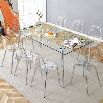 Table And Chair Set.Modern Rectangular Glass Dining Table With Tempered Glass Countertop And Silver Metal Legs, Paired With Multiple Transparent High Quality Pet Dining Chairs With Silver Legs. Silver Seats 8 Tempered Glass
