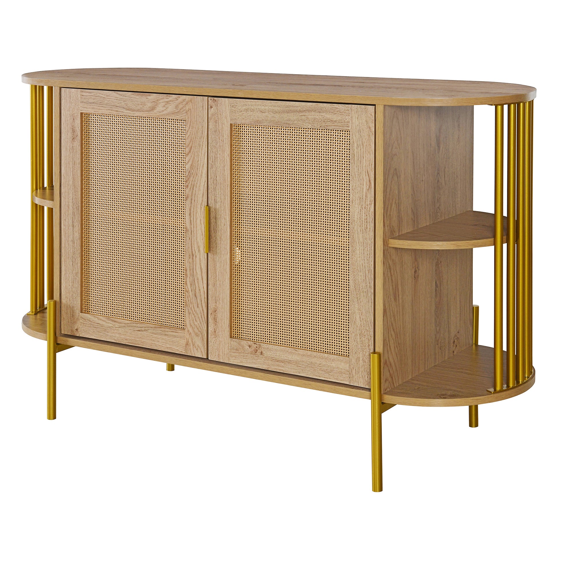 2 Door Elegant Curved Dining Cabinet With Gold Trim And Woven Rattan Doors For Dining Room Natural Natural Particle Board