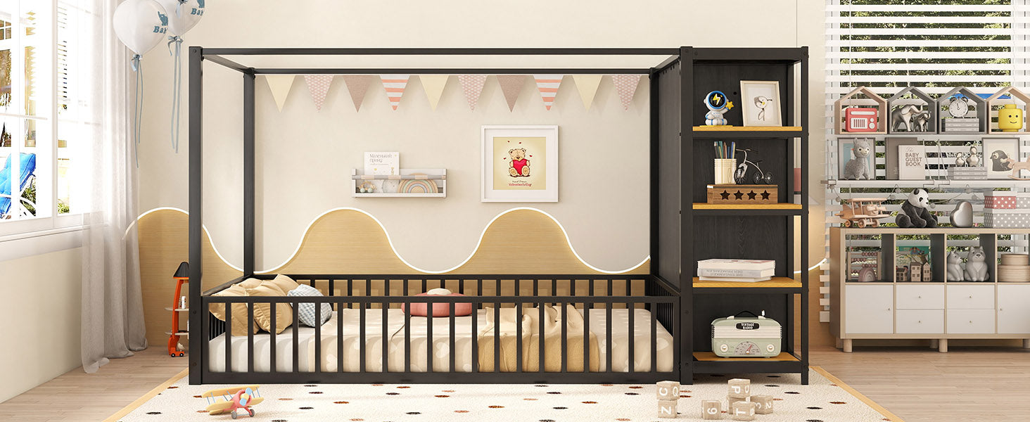 Full Size Floor Bed Frame With Wardrobe, Metal Floor Bed With Storage Shelves, Black Full Black Metal