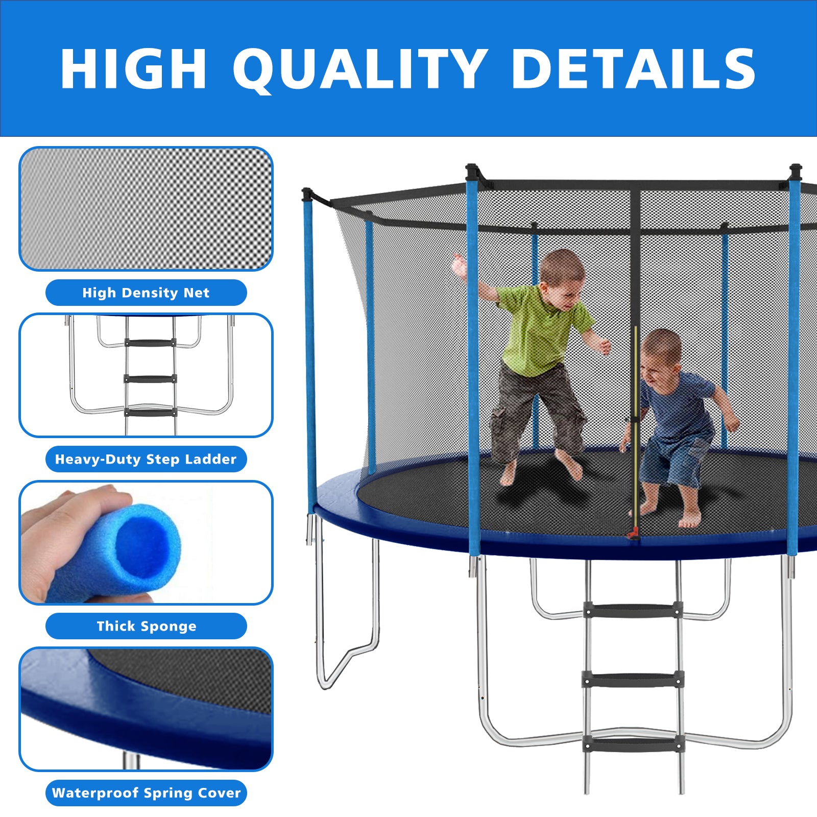 10Ft Outdoor Toddler Trampoline With Enclosure Safety Net Jumping Fun Trampoline, Heavy Duty Jump Pads, Spring Loaded For Children And Adults, Gifts For Boys Girls Blue Garden & Outdoor Iron