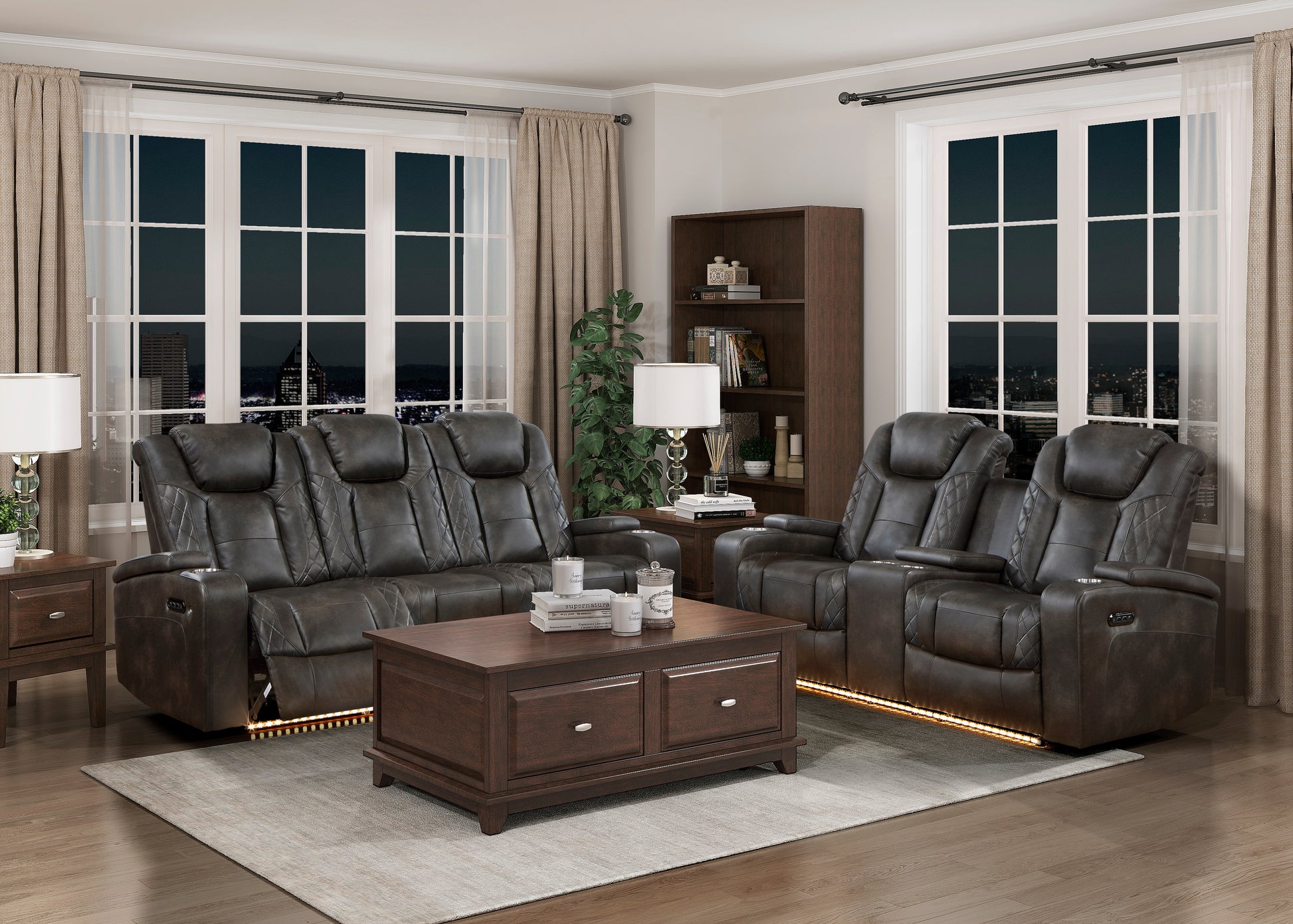 Luxury Comfort Modern Living Room Furniture 1Pc Power Reclining Sofa Premium Faux Leather Upholstery, Power Headrests, Led Light, Usb Ports, Power Outlets, Hidden Storage Brown Gray Faux Leather Wood Primary Living Space Luxury,Modern Plywood,Solid Wood