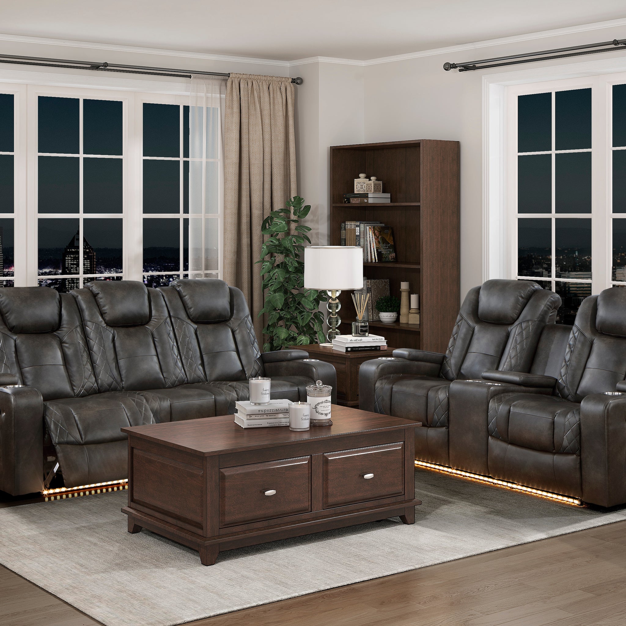 Luxury Comfort Modern Living Room Furniture 3Pc Sofa Set Power Reclining Sofa Loveseat Premium Faux Leather Upholstery, Power Headrests, Led Light, Usb Ports, Cup Holders, Hidden Storage Brown Gray Faux Leather Wood Primary Living Space Luxury,Modern