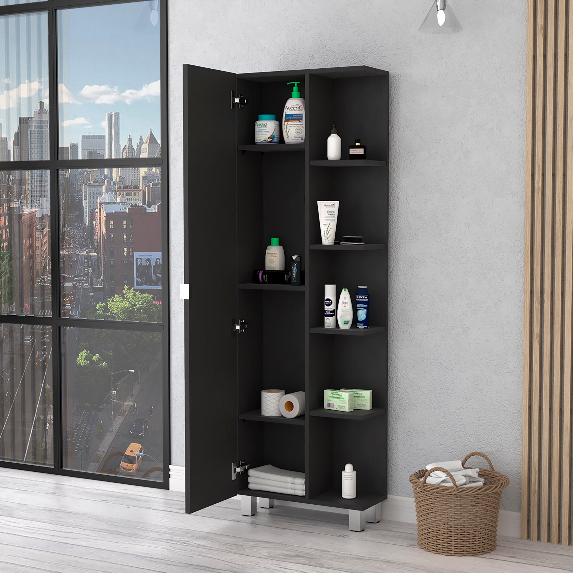 Los Angeles Linen Cabinet, Five Shelves, One Cabinet, Divisions Black 1 5 18 To 23 In 60 In & Above Bathroom Freestanding Contemporary 5 10 Inches Melamine Melamine