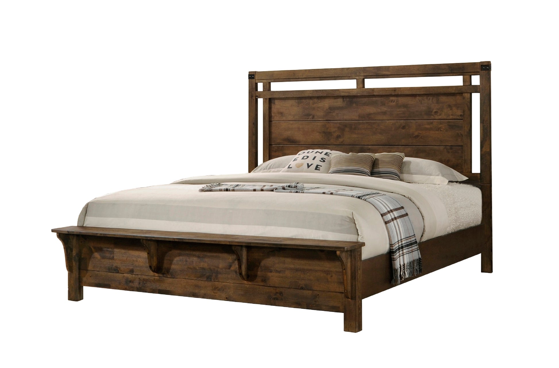 1Pc Rustic Industrial Style Brown Finish King Size Panel Bed W Built In Bench Footboard Solid Wood Wooden Bedroom Furniture Queen Brown Brown Wood Bedroom Contemporary,Industrial,Rustic Solid