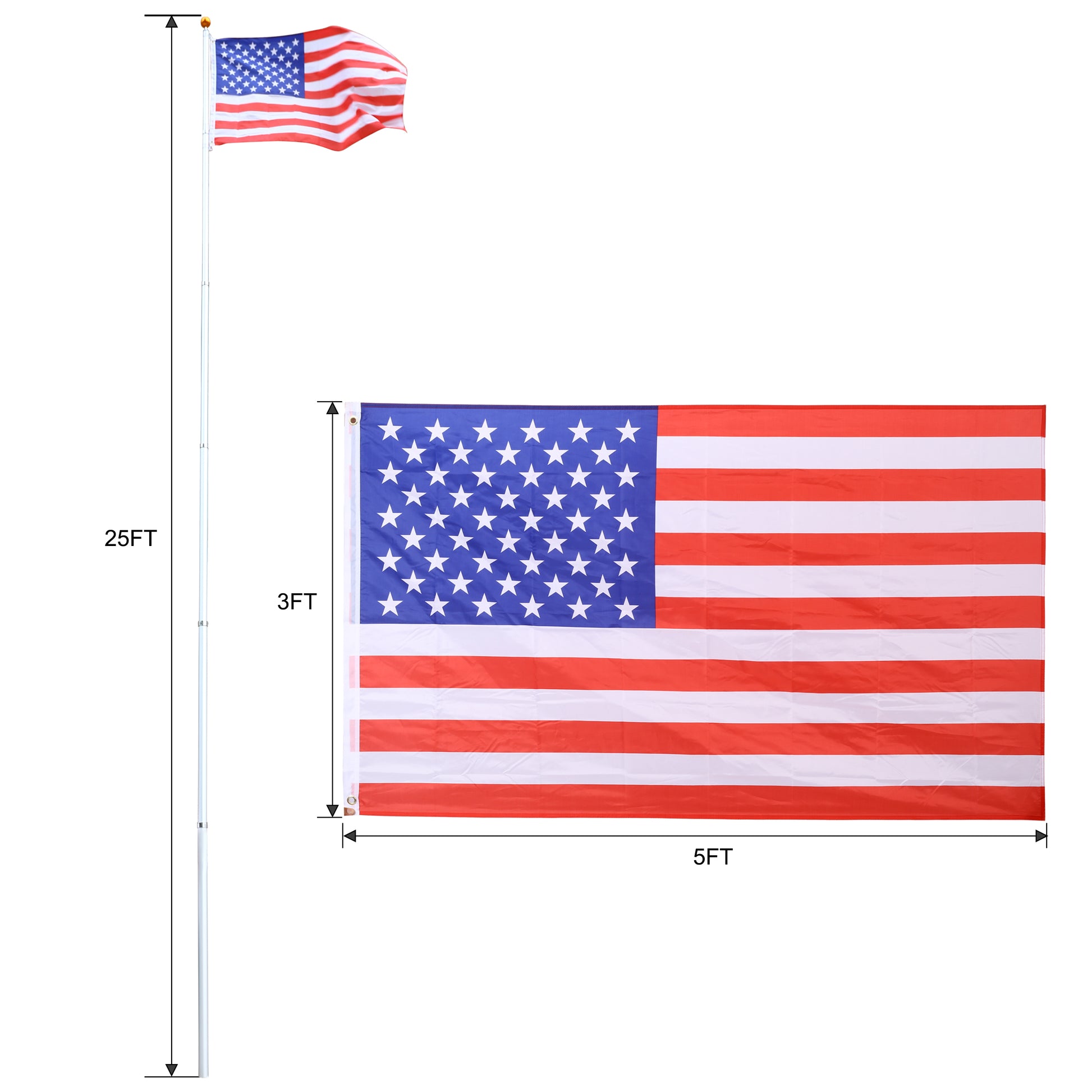 25Ft Telescopic Flag Pole Kit, Sectional Flag Pole Kit, Extra Thick Heavy Duty Aluminum Flagpole, Outdoor Inground Flag Poles With Topper Balls For Yard, Residential Or Commercial Silver Aluminium