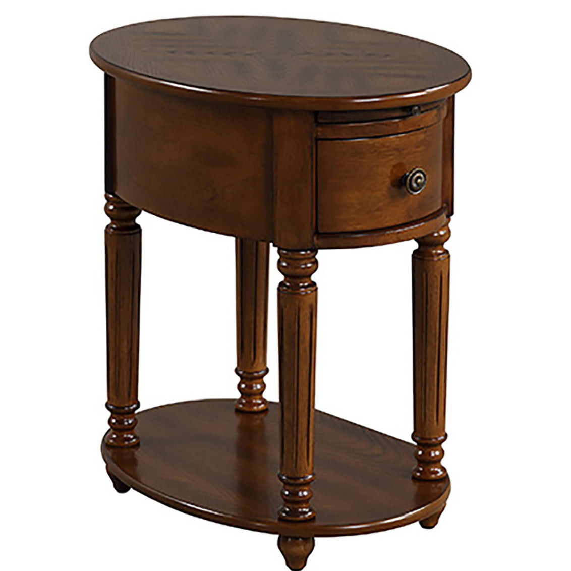 Dark Oak Accent Table With Bottom Shelf Dark Oak Primary Living Space Freestanding Rubberwood Oval Drawers Coffee & End Tables Oval Wood H Shape