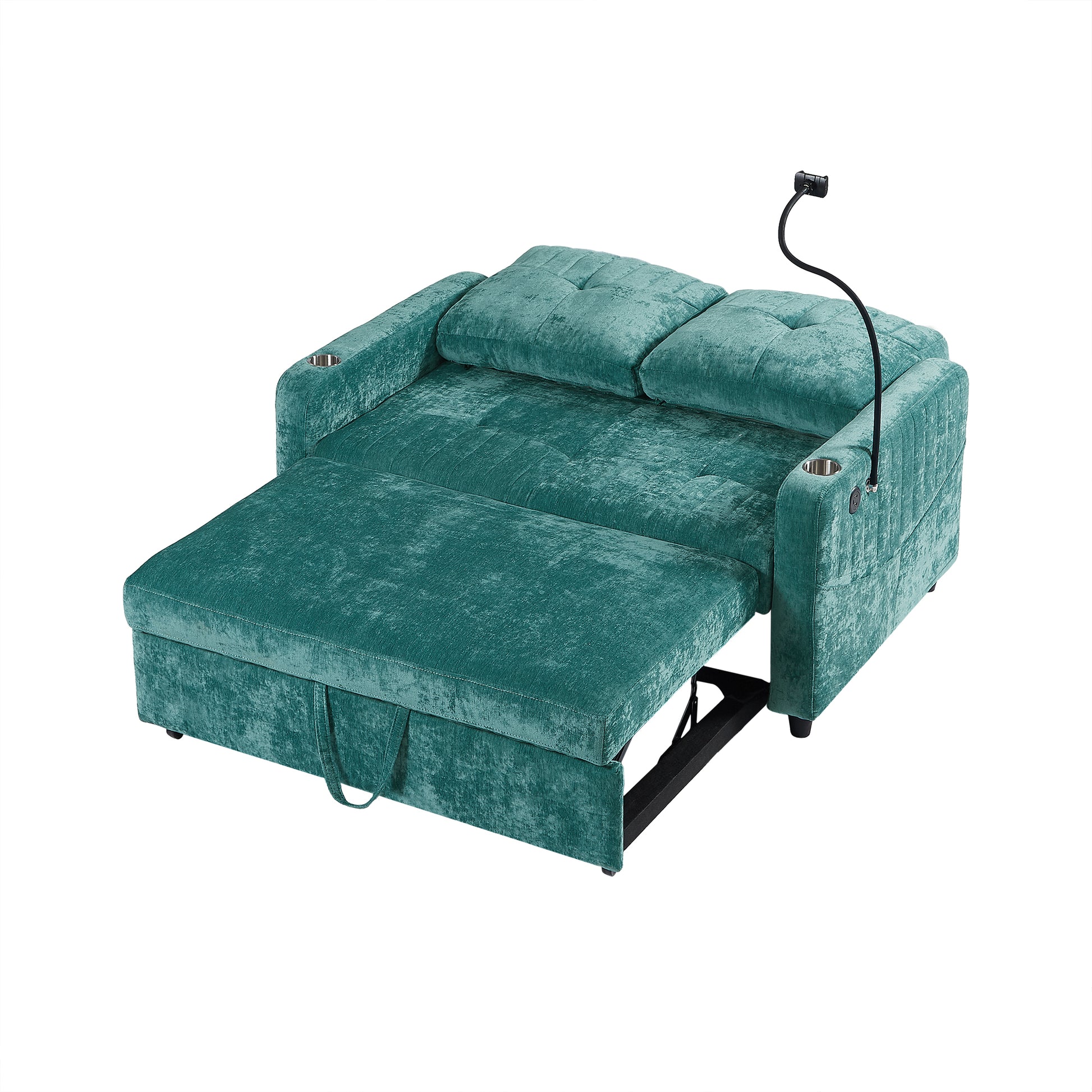 53.9" Modern Loveseat Pull Out Sofa Bed With Adjustable Backrest, Two Cup Holdersa Phone Holder, Three Charging Ports And Side Storage Pockets For Living Room, Teal Teal Foam Chenille