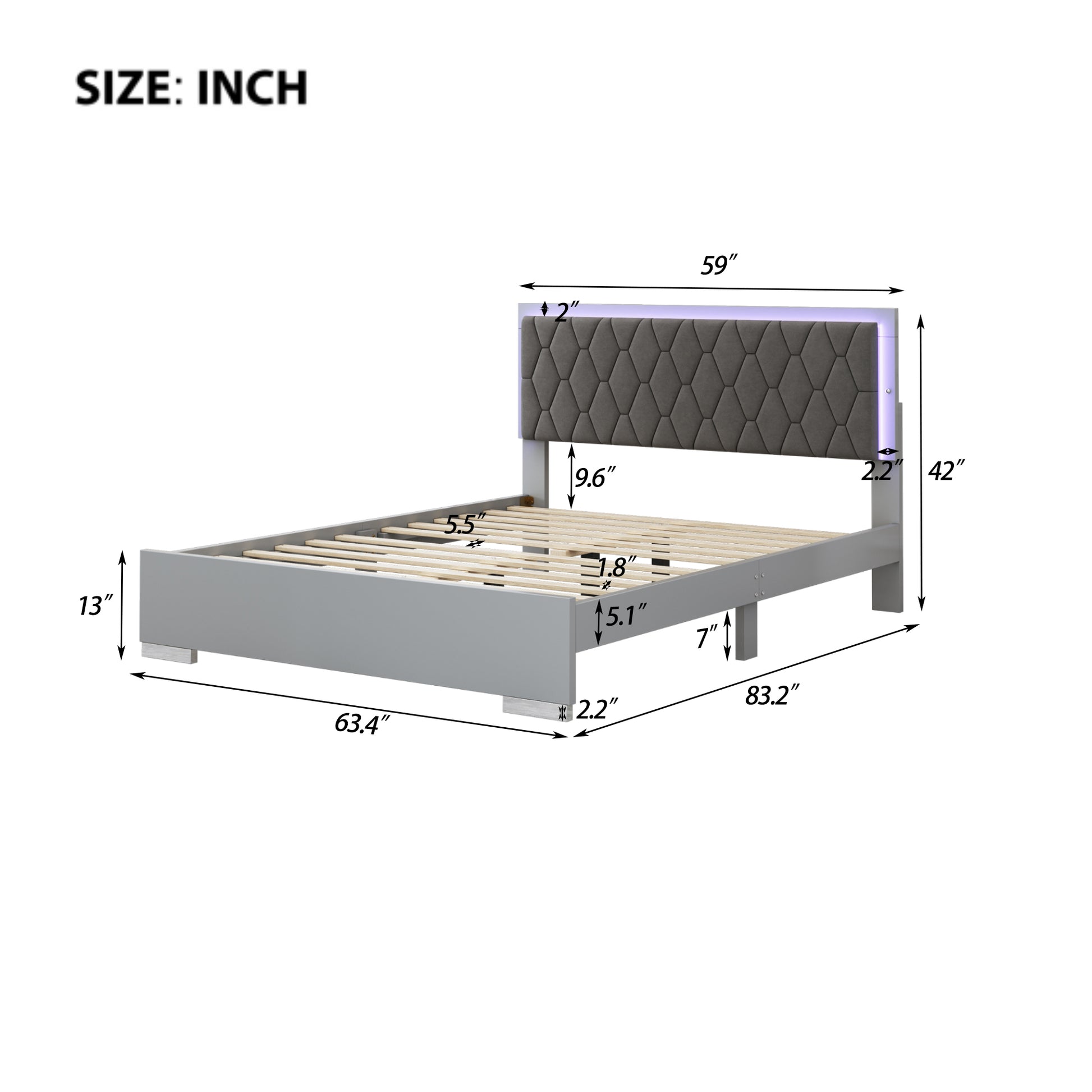 Queen Size Upholstered Bed With Led Lights,Modern Platform Bed With Velvet Headboard,Grey Queen Grey Mdf
