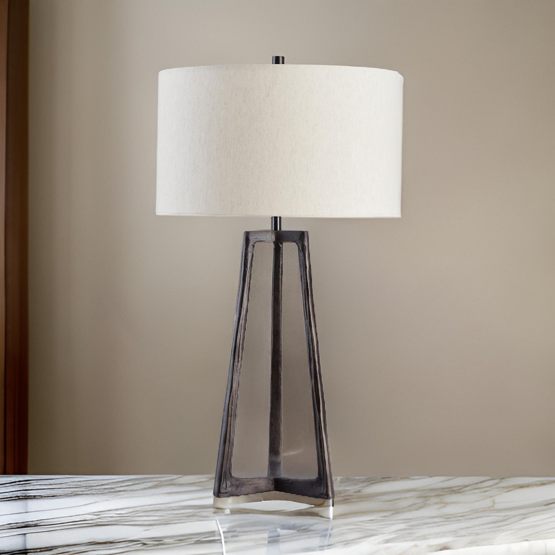 Nila 35 Inch Table Lamp, Antique Black Metal, 3 Way Switch, Drum Shade Black Fabric Metal