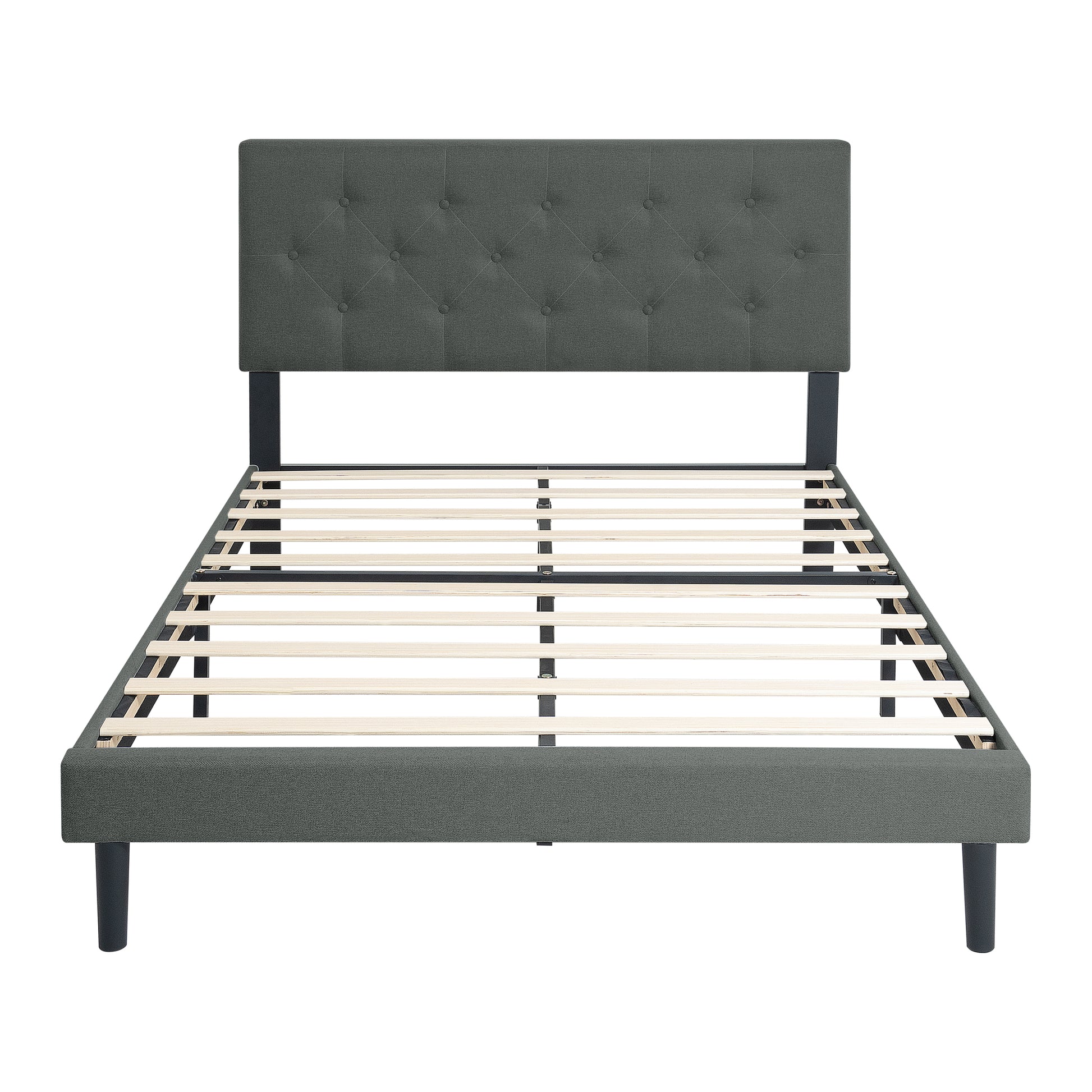 Queen Size Upholstered Platform Bed Frame With Modern Button Tufted Linen Fabric Headboard, No Box Spring Needed, Wood Slat Support, Easy Assembly, Dark Grey Queen Dark Gray Linen