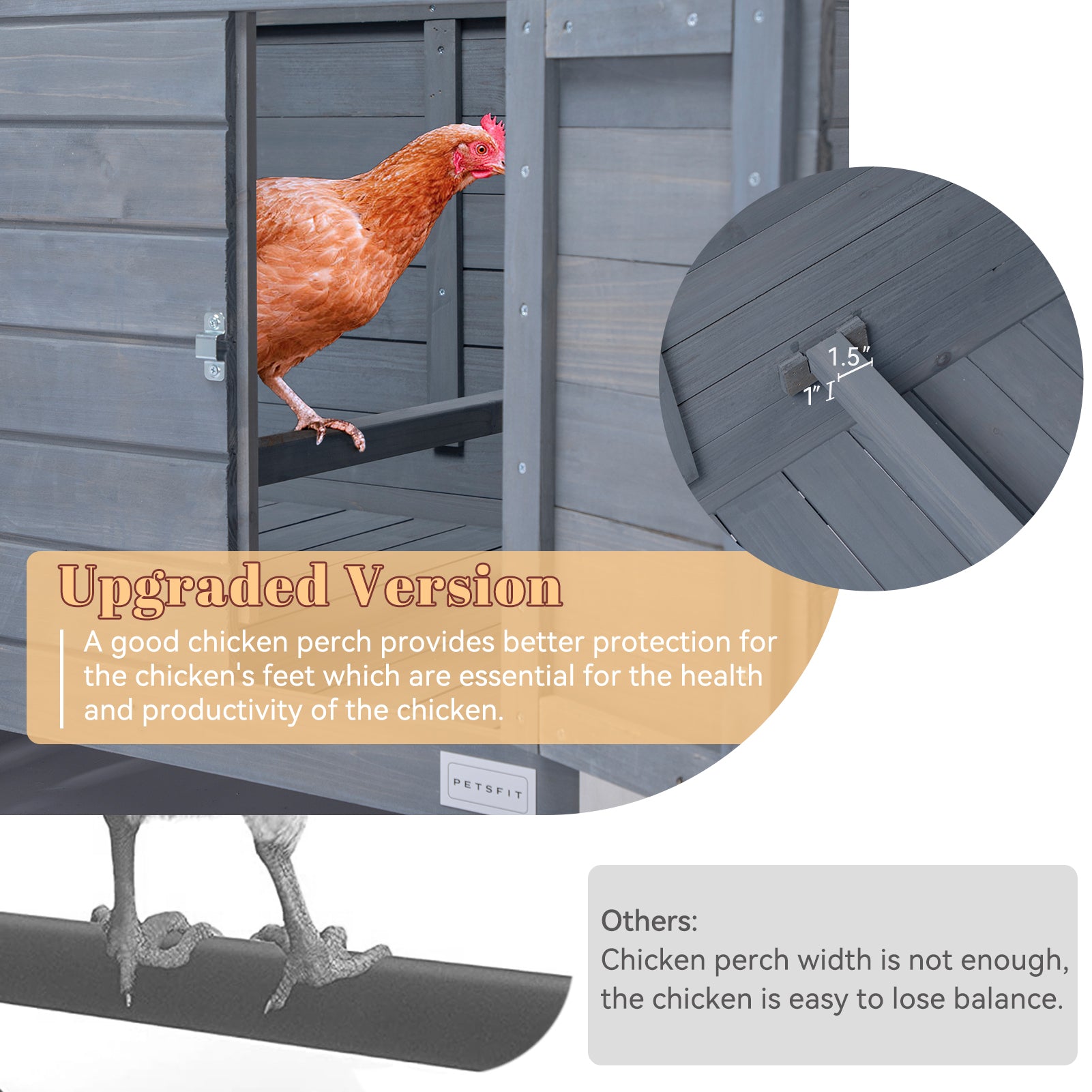 Large Wooden Chicken Coop With Perches And Nesting Box, Weatherproof Chicken Rabbit Duck House Grey Solid Wood